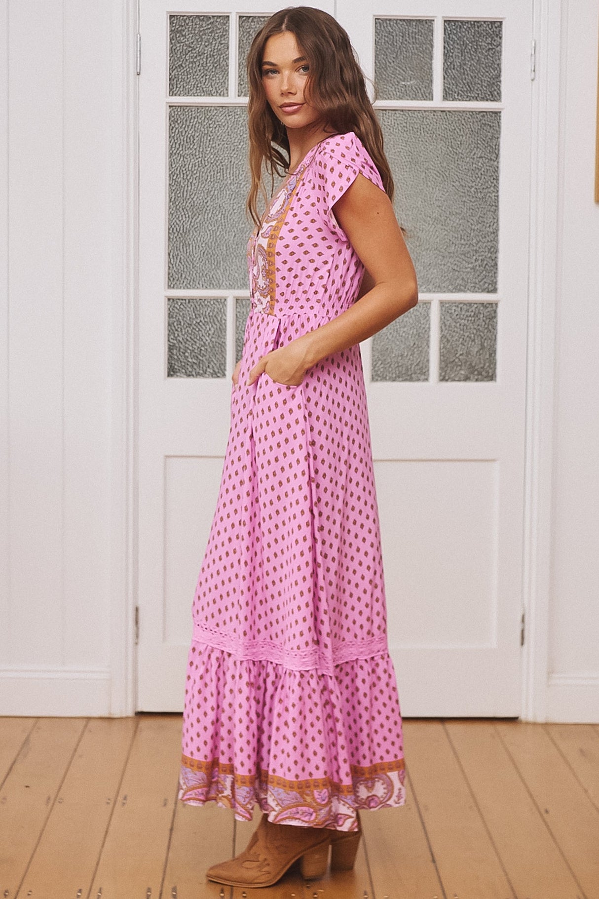 JAASE - Carmen Maxi Dress: Butterfly Cap Sleeve Button Down A Line Dress with Lace Trim in Venus Print
