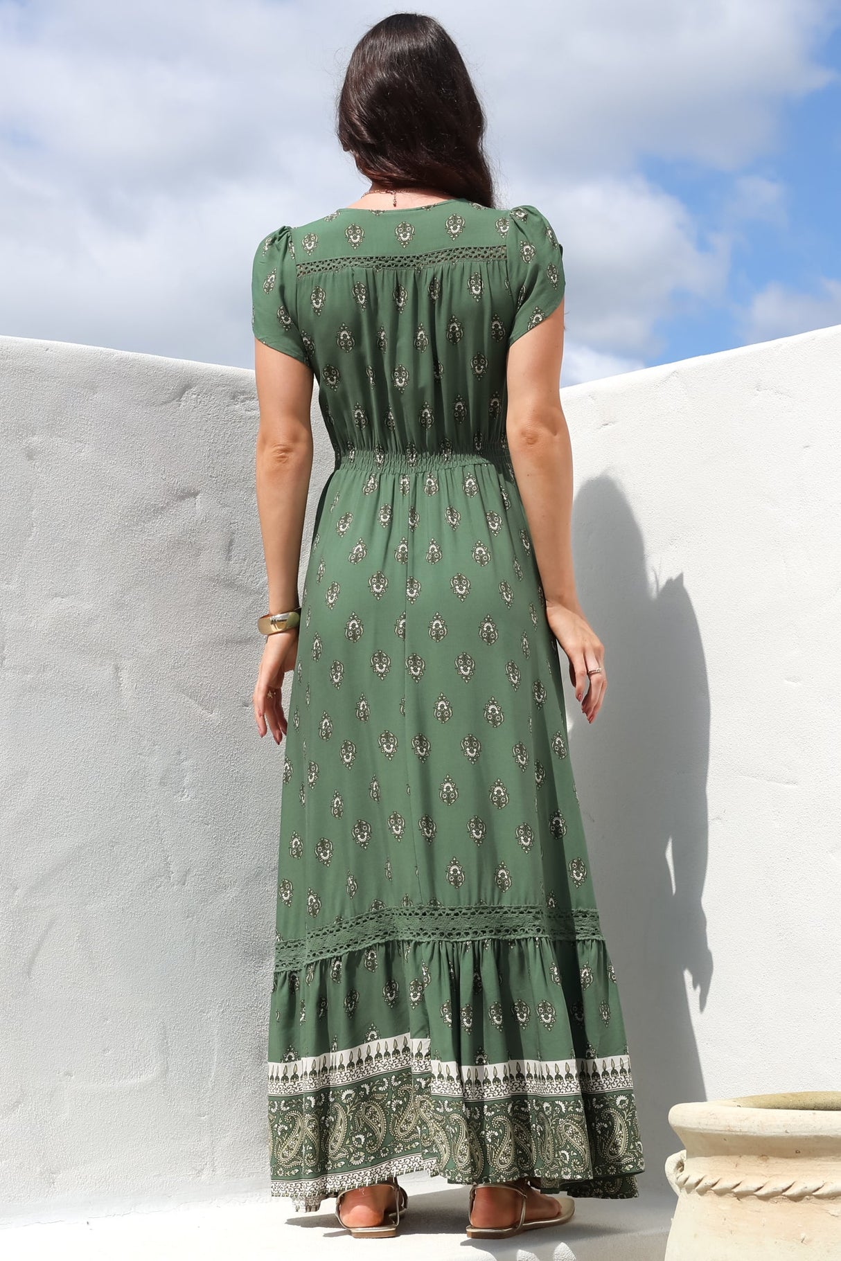 JAASE - Carmen Maxi Dress: Butterfly Cap Sleeve Button Down A Line Dress with Lace Trim in Virdian Print