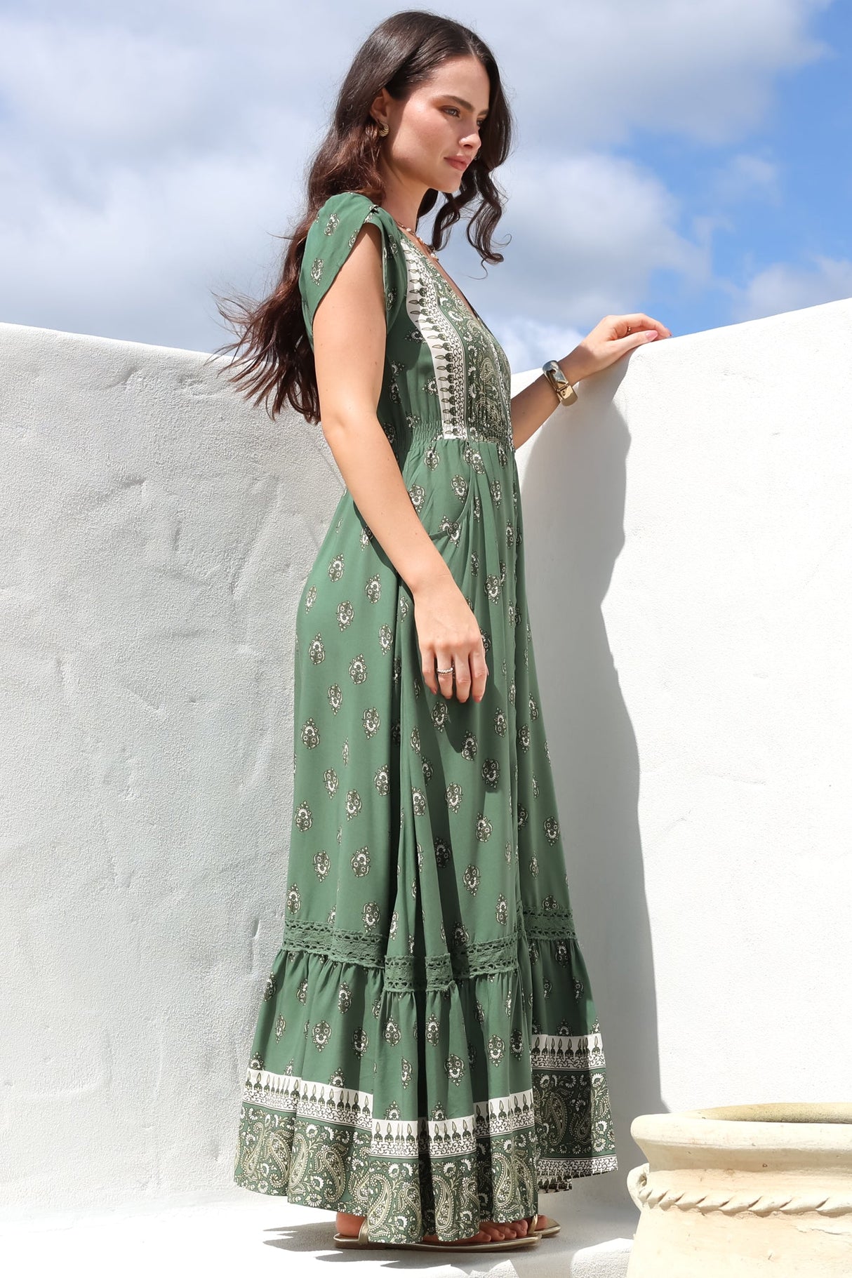 JAASE - Carmen Maxi Dress: Butterfly Cap Sleeve Button Down A Line Dress with Lace Trim in Virdian Print