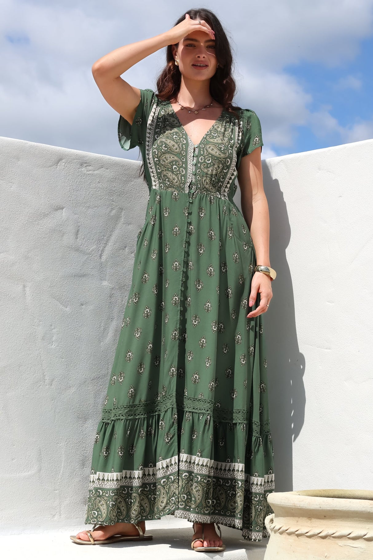 JAASE - Carmen Maxi Dress: Butterfly Cap Sleeve Button Down A Line Dress with Lace Trim in Virdian Print