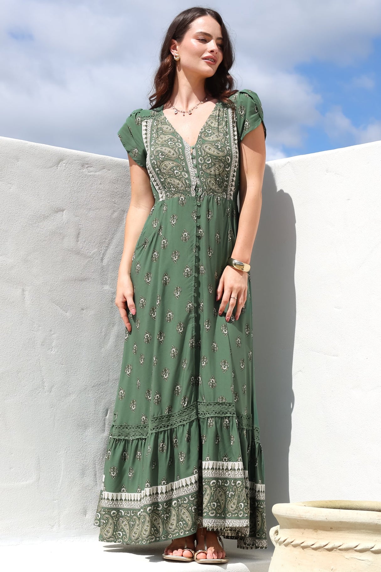 JAASE - Carmen Maxi Dress: Butterfly Cap Sleeve Button Down A Line Dress with Lace Trim in Virdian Print