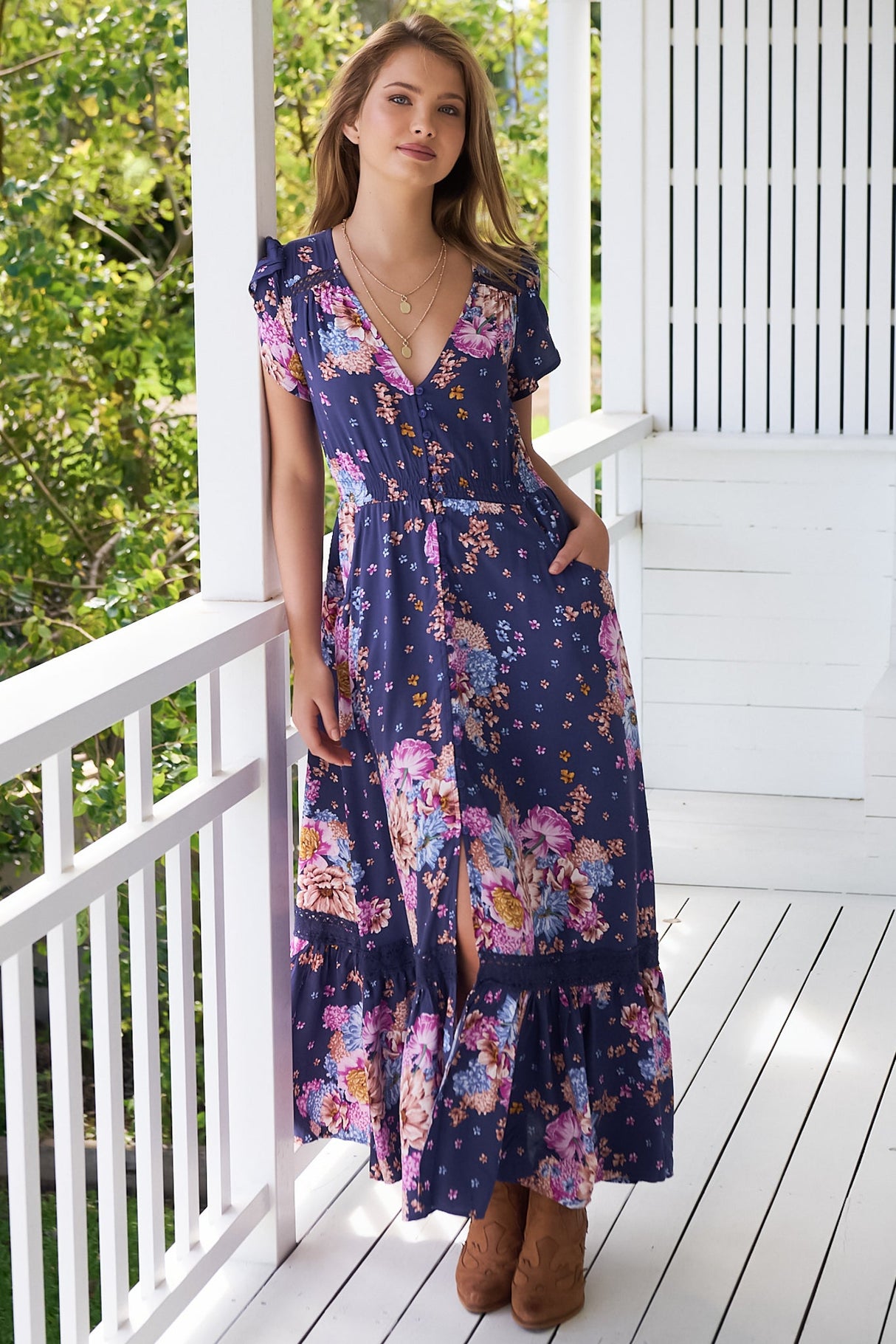 Carmen Maxi Dress - Butterfly Cap Sleeve Button Down A Line Dress with Lace Trim in Wild Whim Print