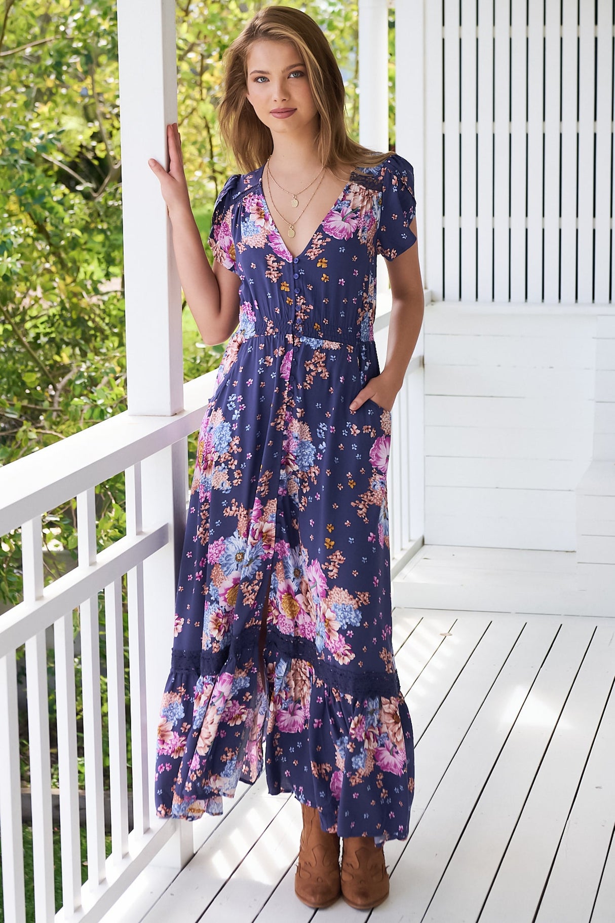Carmen Maxi Dress - Butterfly Cap Sleeve Button Down A Line Dress with Lace Trim in Wild Whim Print