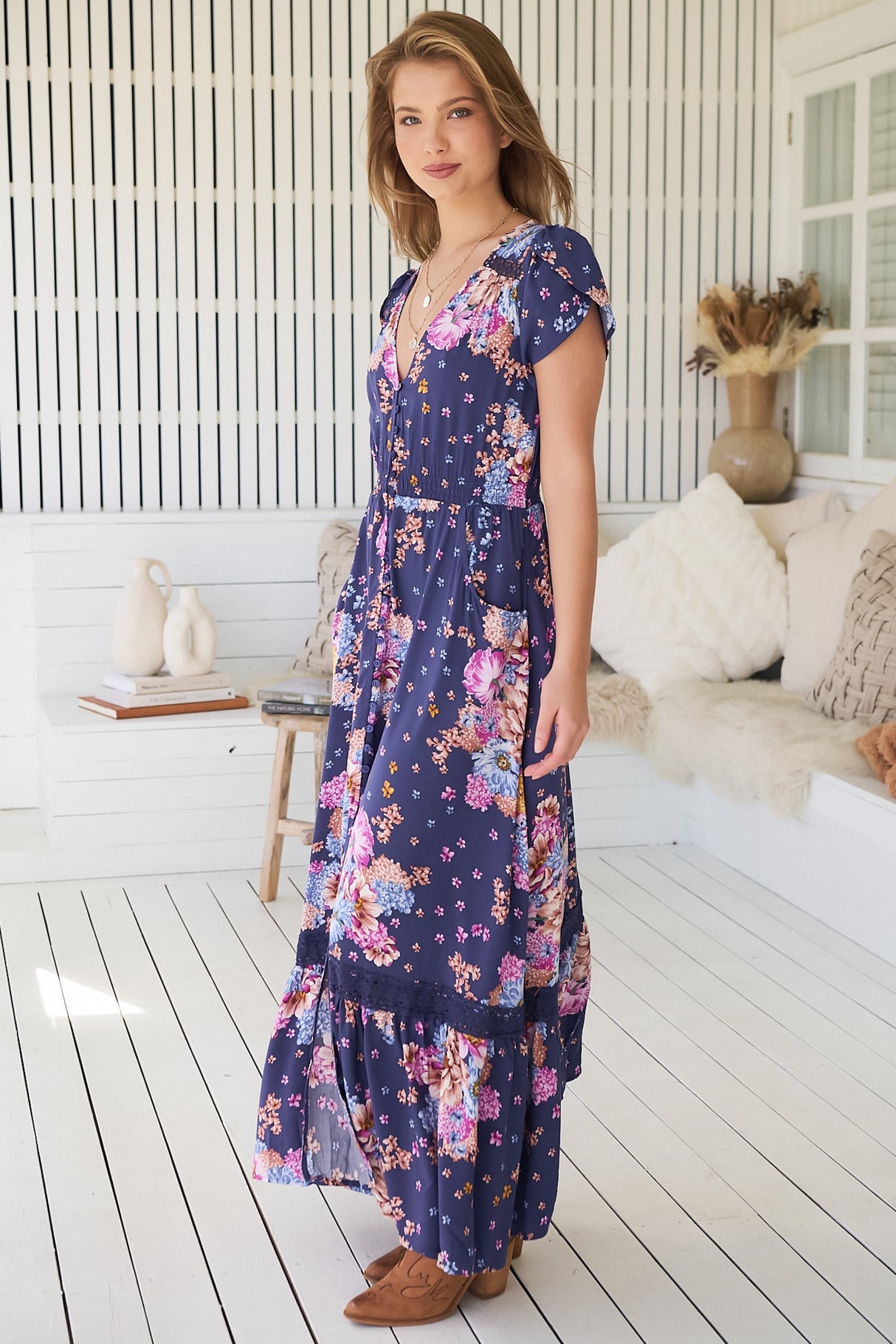 Carmen Maxi Dress - Butterfly Cap Sleeve Button Down A Line Dress with Lace Trim in Wild Whim Print
