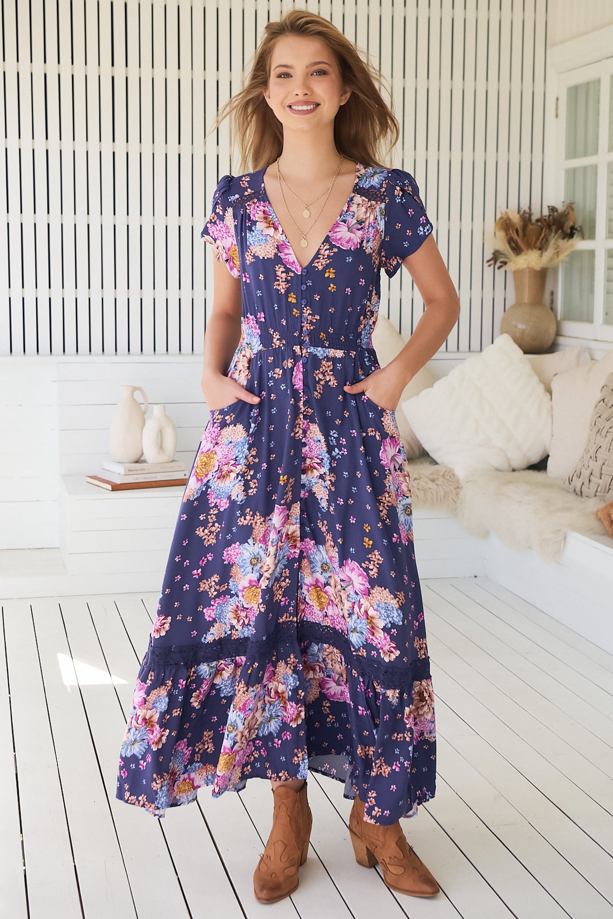 Carmen Maxi Dress - Butterfly Cap Sleeve Button Down A Line Dress with Lace Trim in Wild Whim Print