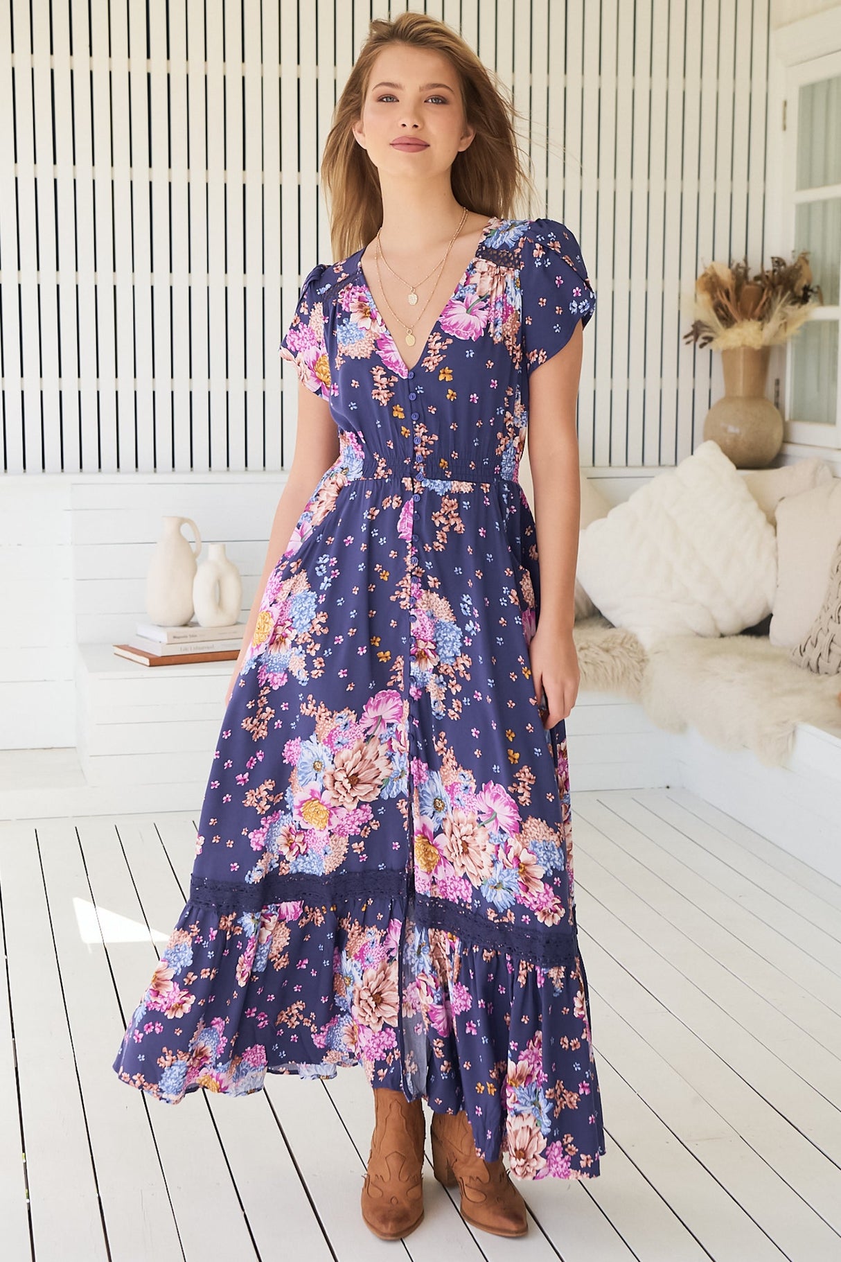 Carmen Maxi Dress - Butterfly Cap Sleeve Button Down A Line Dress with Lace Trim in Wild Whim Print