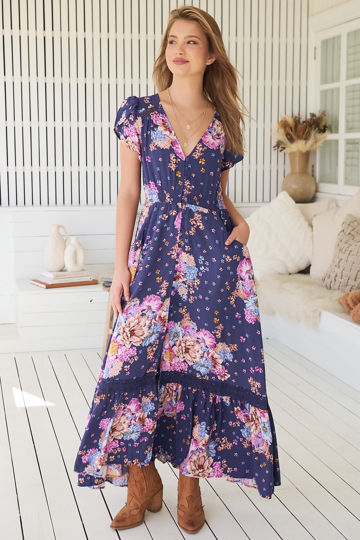 Carmen Maxi Dress - Butterfly Cap Sleeve Button Down A Line Dress with Lace Trim in Wild Whim Print