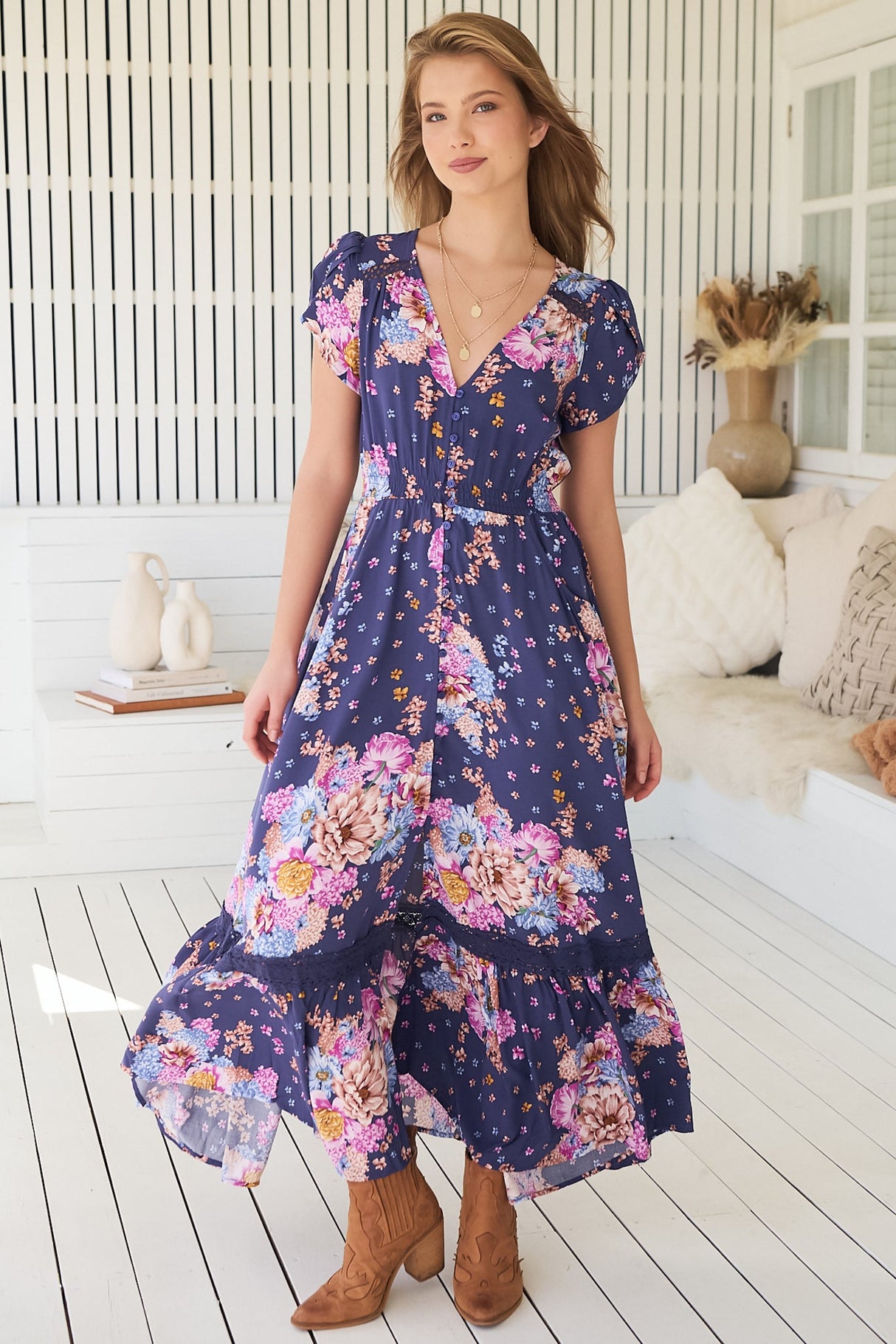 Carmen Maxi Dress - Butterfly Cap Sleeve Button Down A Line Dress with Lace Trim in Wild Whim Print