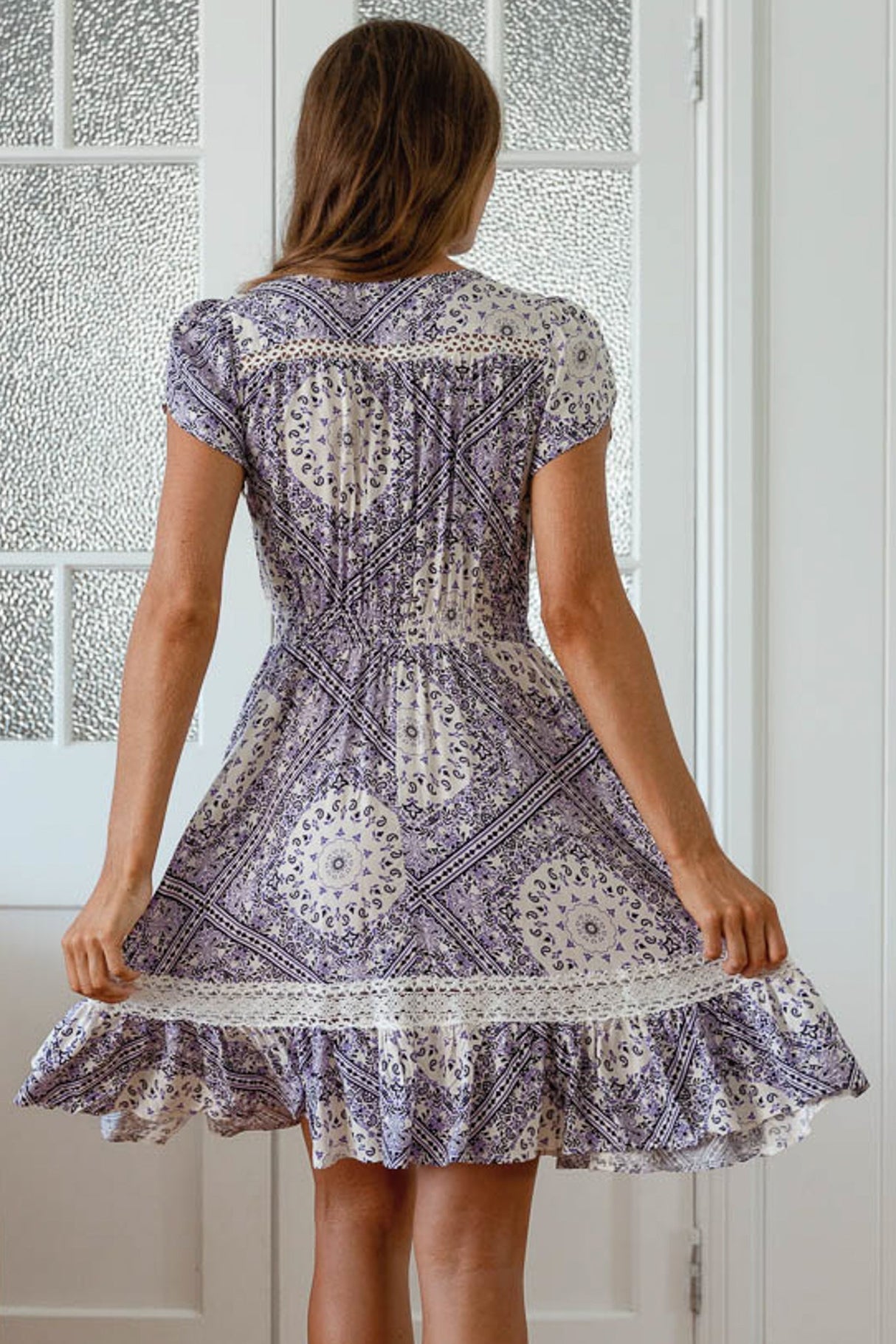 JAASE - Carmen Mini Dress: Butterfly Cap Sleeve Button Down A Line Dress with Lace Trim in Lilac Lullaby Print