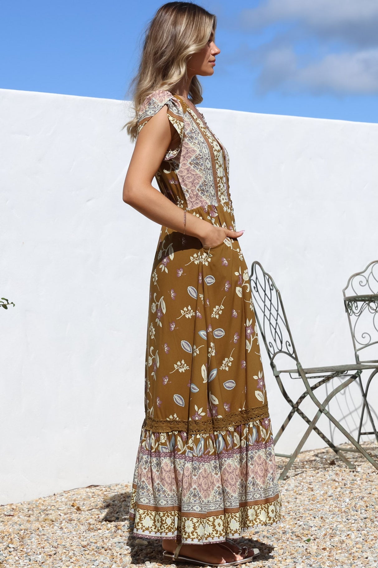 JAASE - Carmen Maxi Dress: Butterfly Cap Sleeve Button Down A Line Dress with Lace Trim in Emre Print