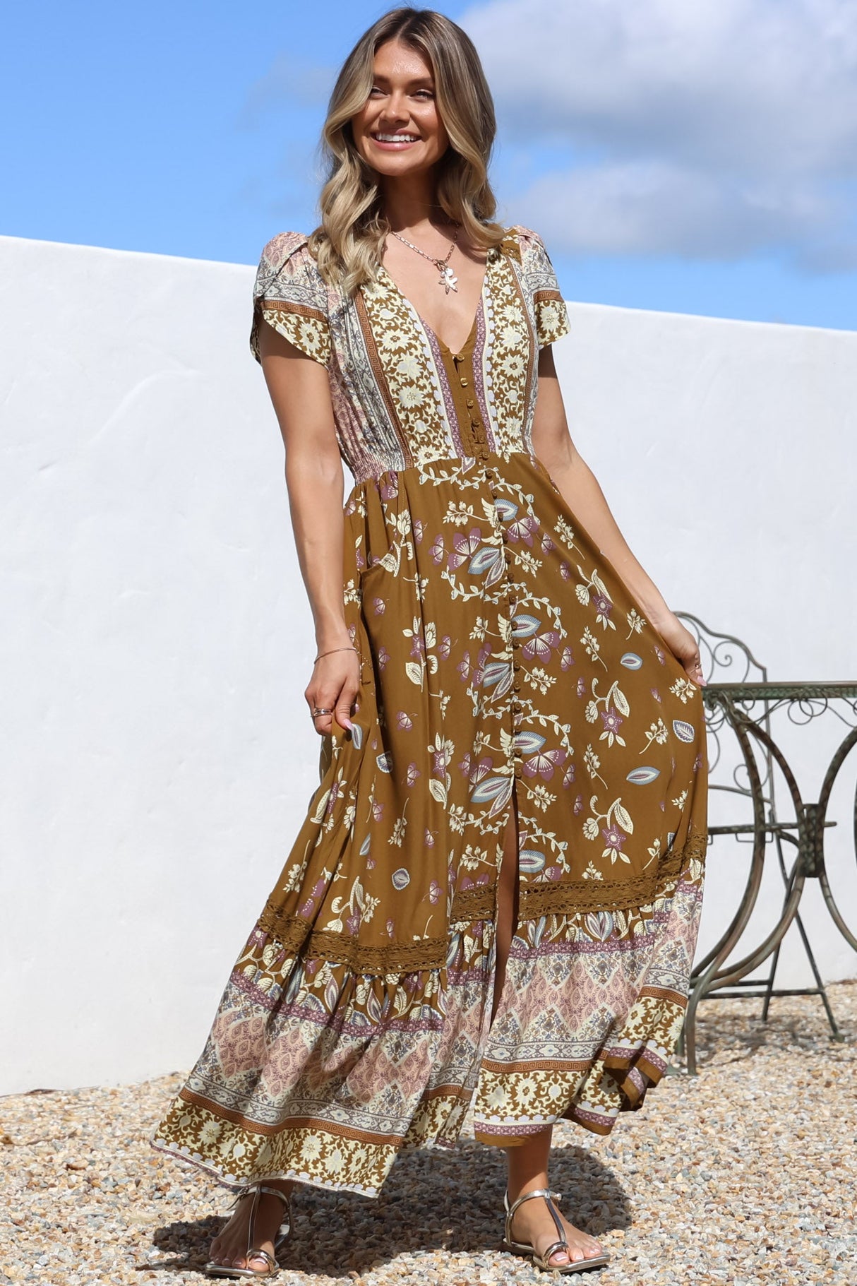 JAASE - Carmen Maxi Dress: Butterfly Cap Sleeve Button Down A Line Dress with Lace Trim in Emre Print