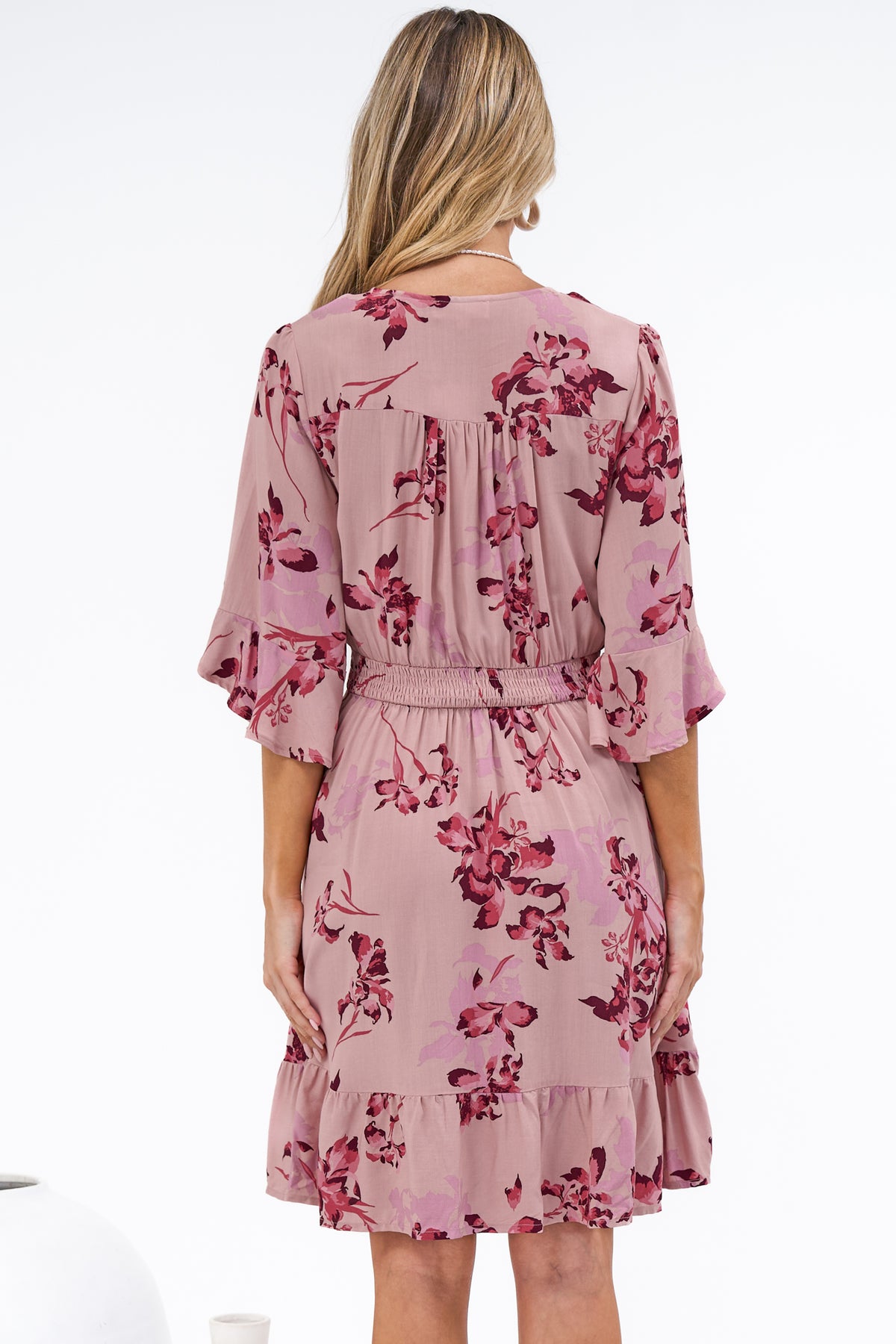 Carmine Mini Dress - V Neck A Line Dress with Shirred Cinched Waist and Pockets in Jennaia Print