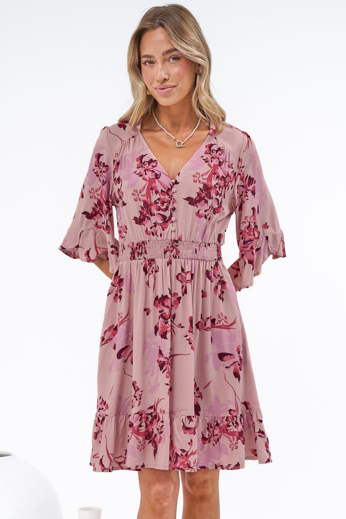 Carmine Mini Dress - V Neck A Line Dress with Shirred Cinched Waist and Pockets in Jennaia Print
