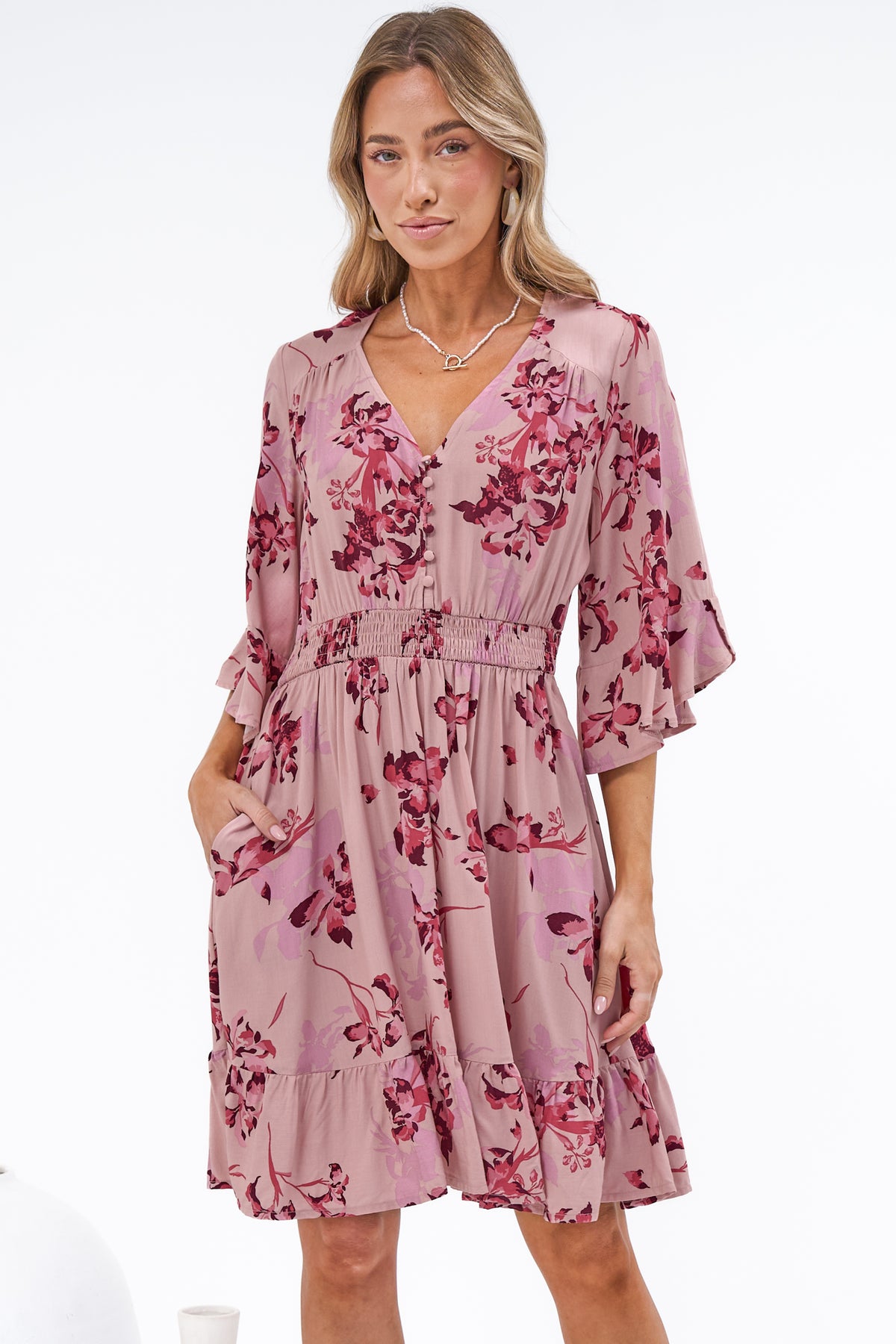 Carmine Mini Dress - V Neck A Line Dress with Shirred Cinched Waist and Pockets in Jennaia Print