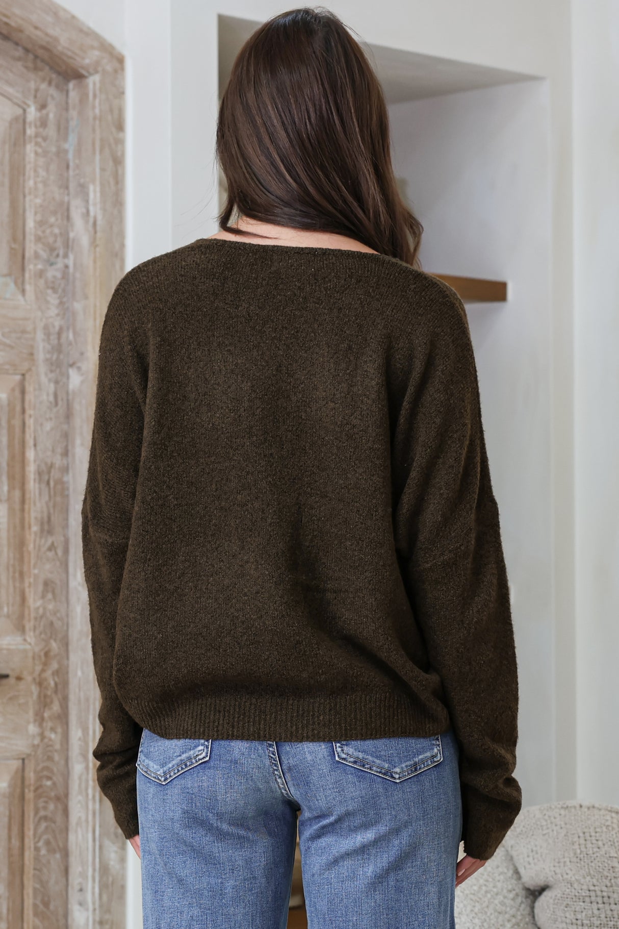 Carol Knit Top - Soft V Neck Batwing Sleeve Knit Top in Dark Chocolate