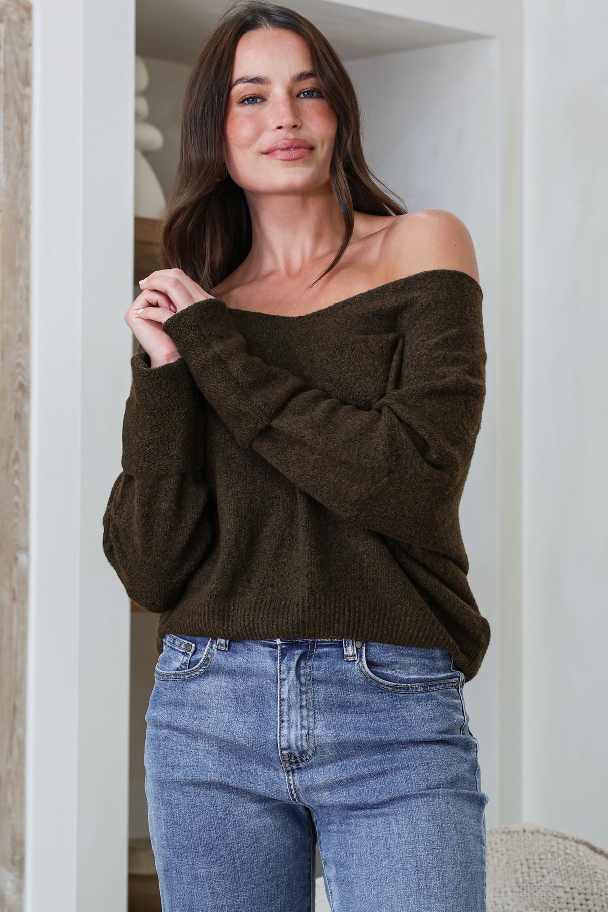 Carol Knit Top - Soft V Neck Batwing Sleeve Knit Top in Dark Chocolate
