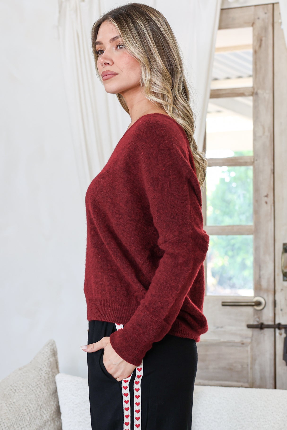 Carol Knit Top - Soft V Neck Batwing Sleeve Knit Top in Wine