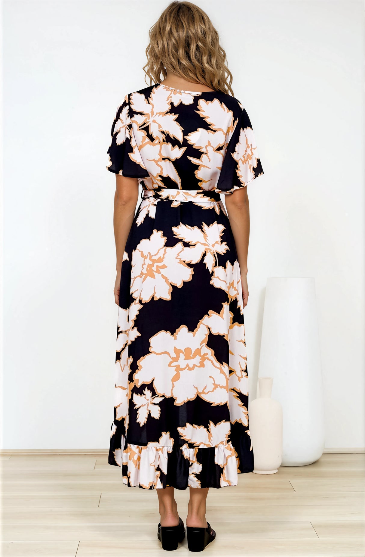 Carolina Midi Dress - V Neck Wrap Dress with Ruffle High Low Hemline in Illaria Print