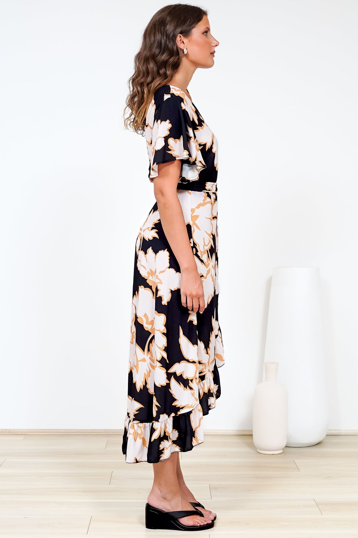 Carolina Midi Dress - V Neck Wrap Dress with Ruffle High Low Hemline in Illaria Print