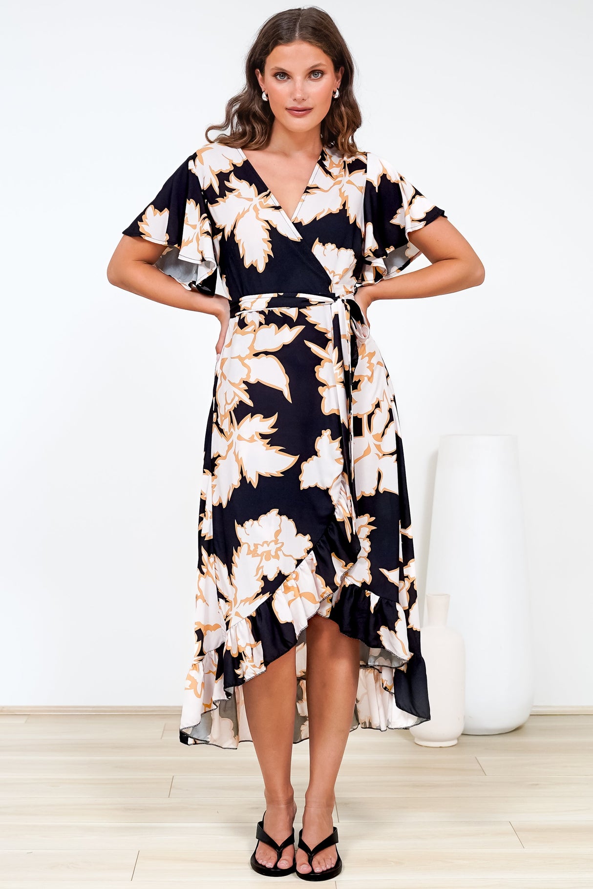 Carolina Midi Dress - V Neck Wrap Dress with Ruffle High Low Hemline in Illaria Print