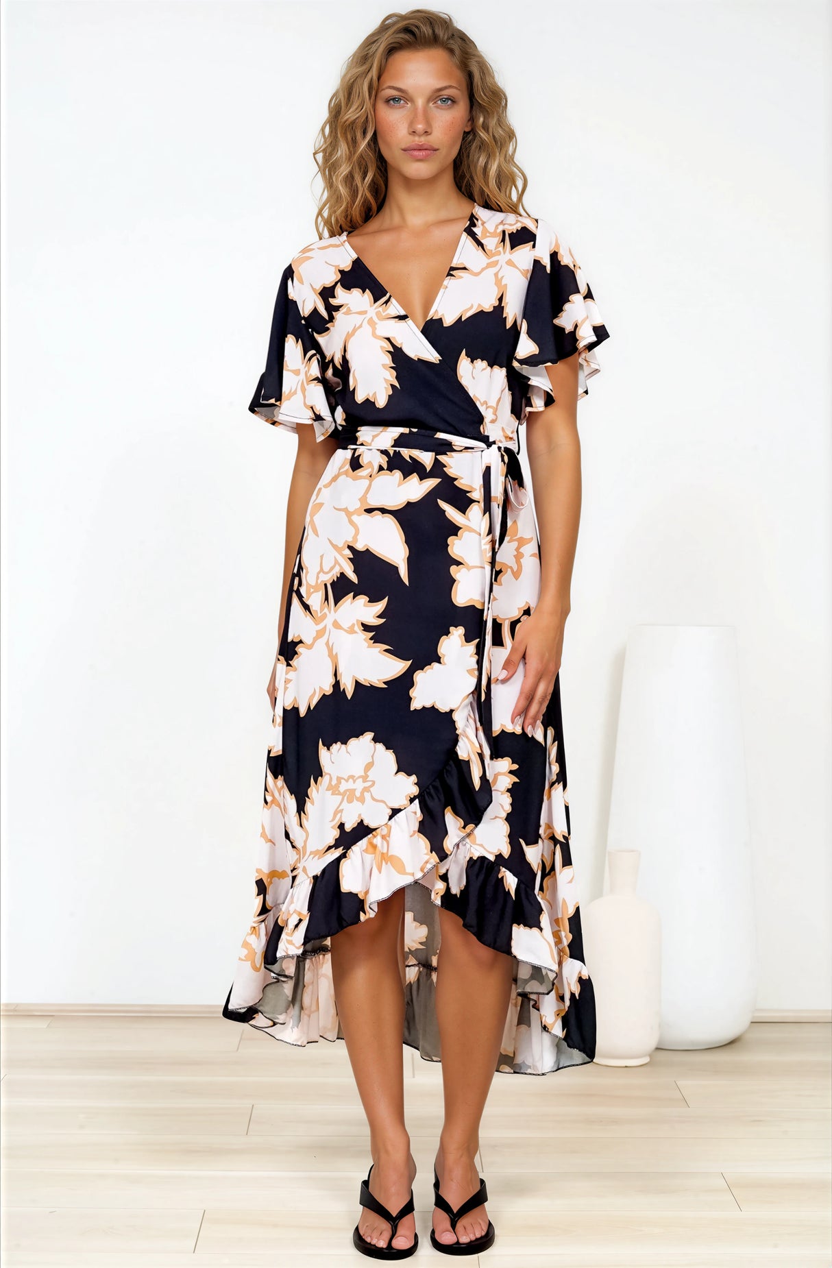 Carolina Midi Dress - V Neck Wrap Dress with Ruffle High Low Hemline in Illaria Print