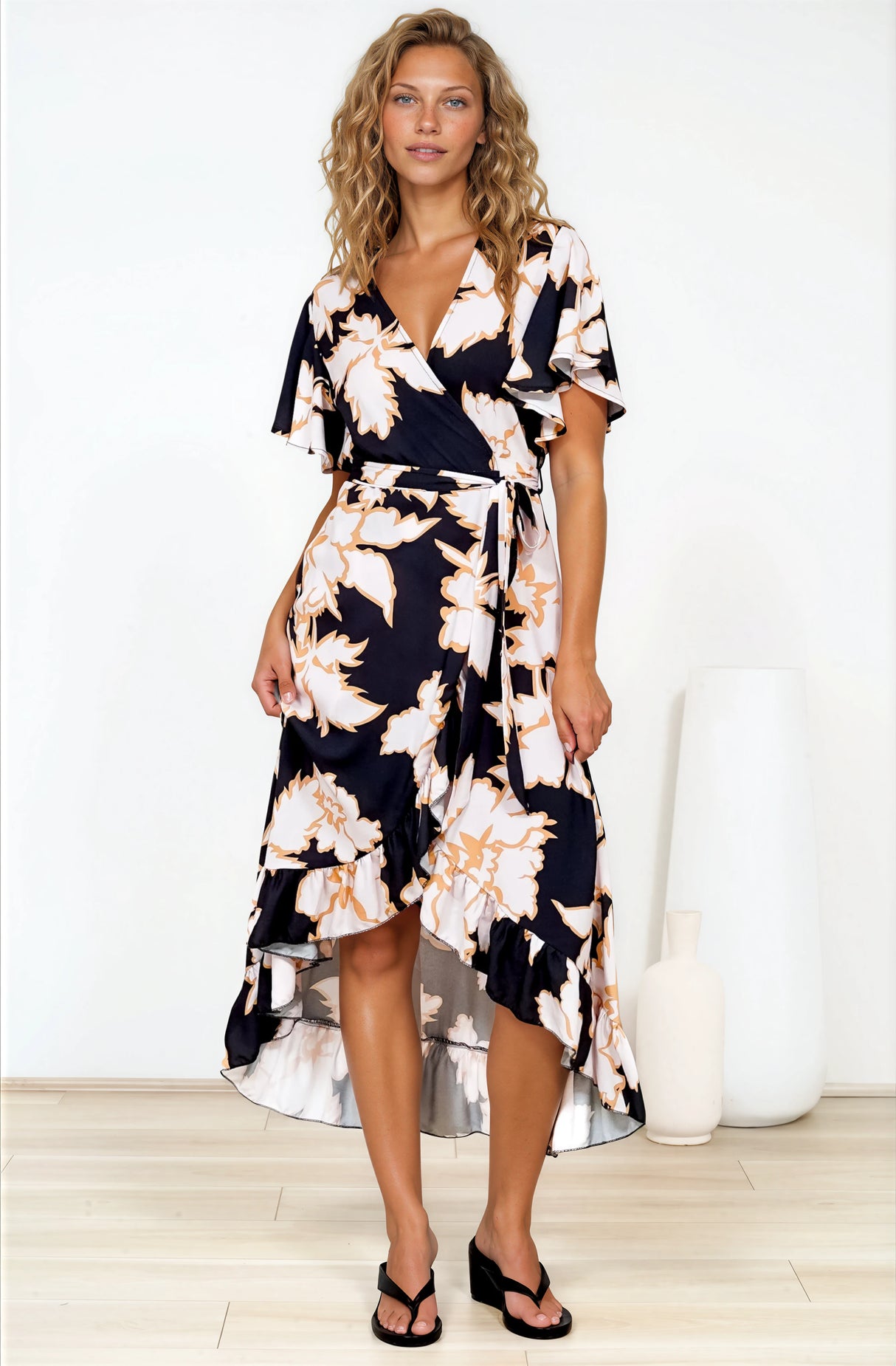 Carolina Midi Dress - V Neck Wrap Dress with Ruffle High Low Hemline in Illaria Print