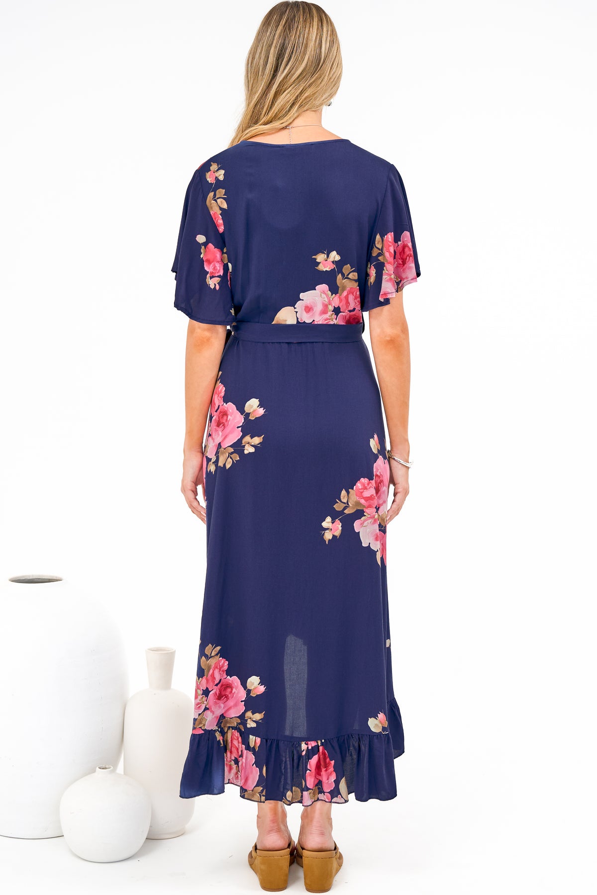 Carolina Midi Dress - V Neck Wrap Dress with Ruffle High Low Hemline in Jayce Print Navy