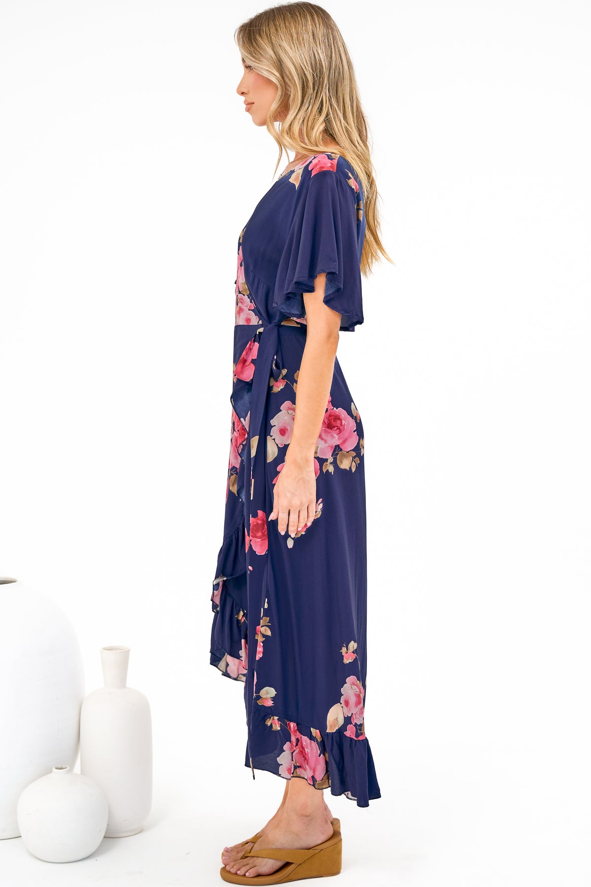 Carolina Midi Dress - V Neck Wrap Dress with Ruffle High Low Hemline in Jayce Print Navy