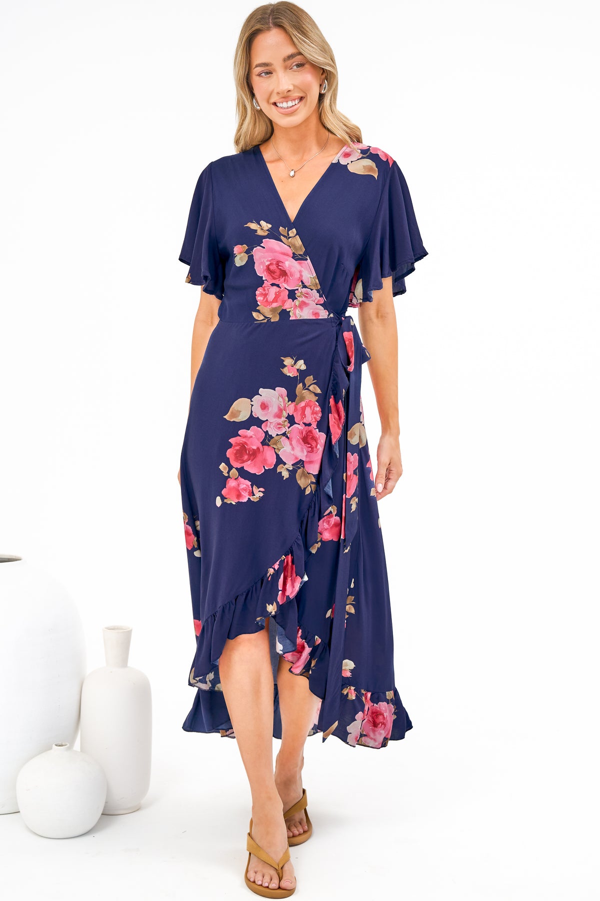 Carolina Midi Dress - V Neck Wrap Dress with Ruffle High Low Hemline in Jayce Print Navy