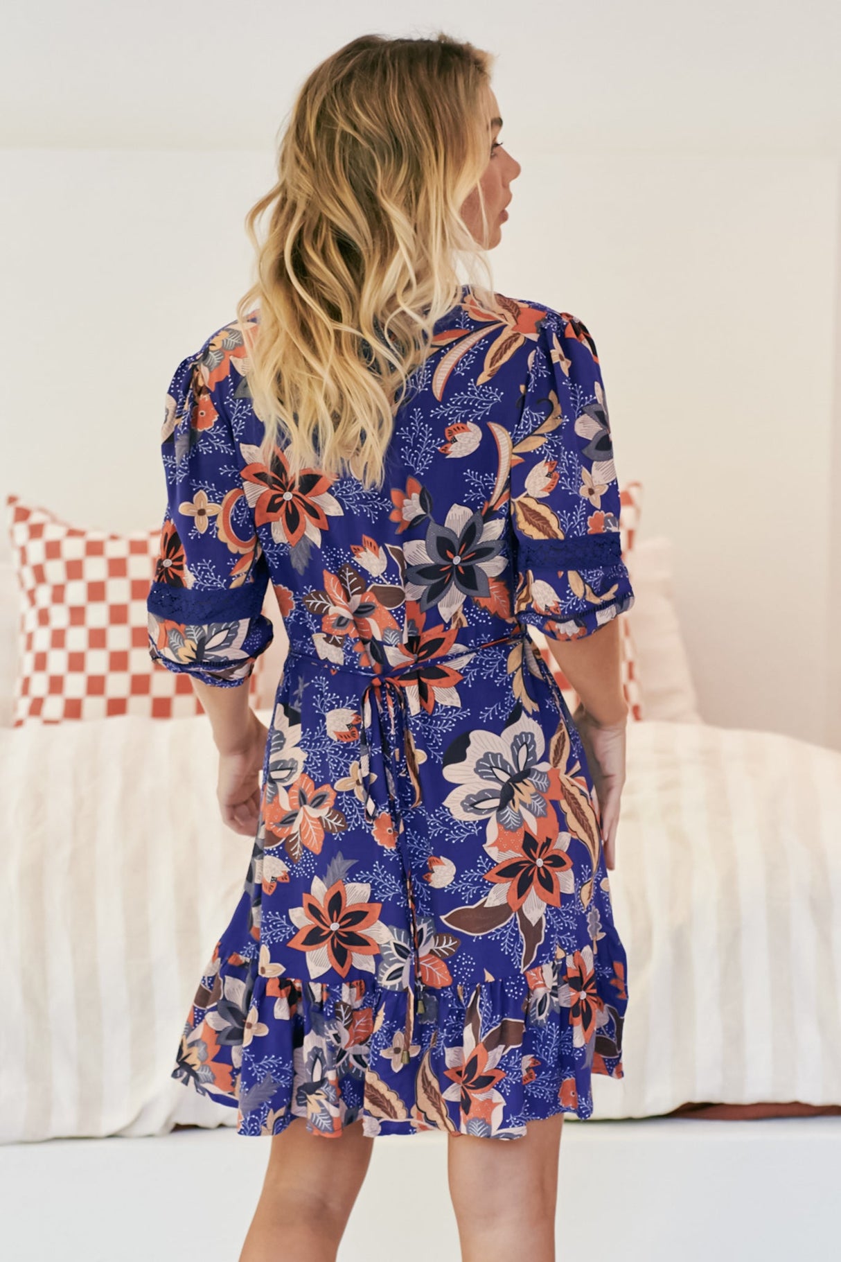 Carrie Mini Dress - V Neck Balloon Sleeve Lace Detailed Dress in Santiago Print