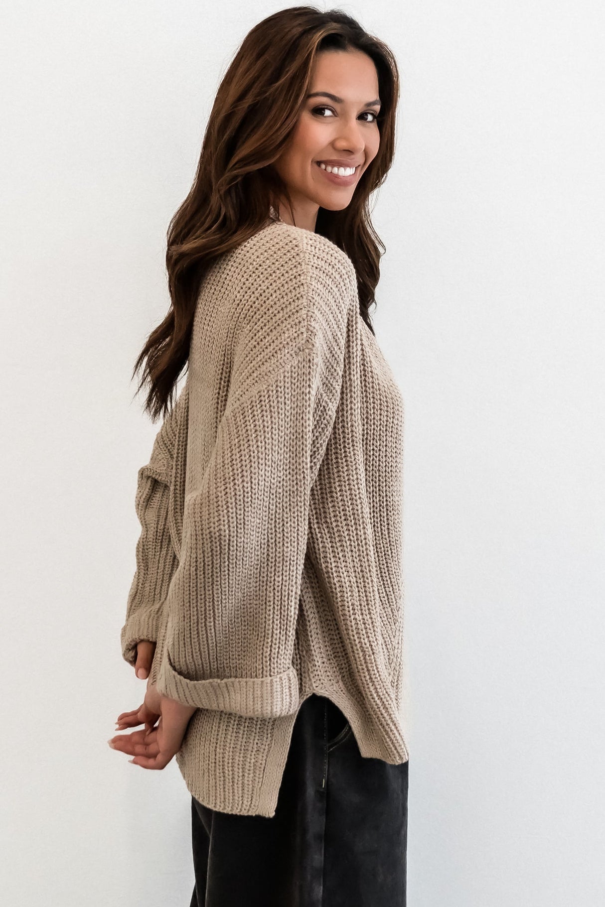 Casey Cardigan - Asymmetric Button Front Ribbed Cardigan in Oat