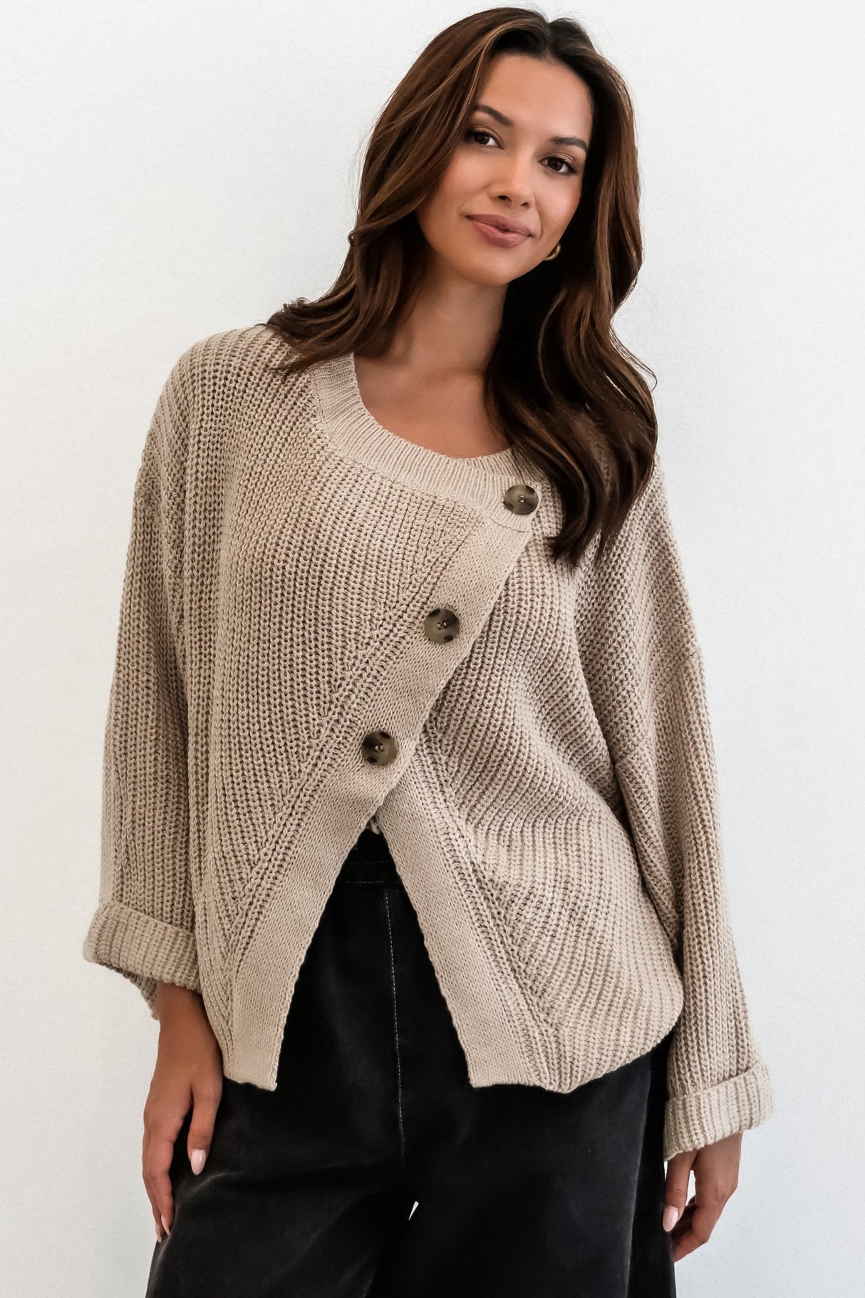 Casey Cardigan - Asymmetric Button Front Ribbed Cardigan in Oat