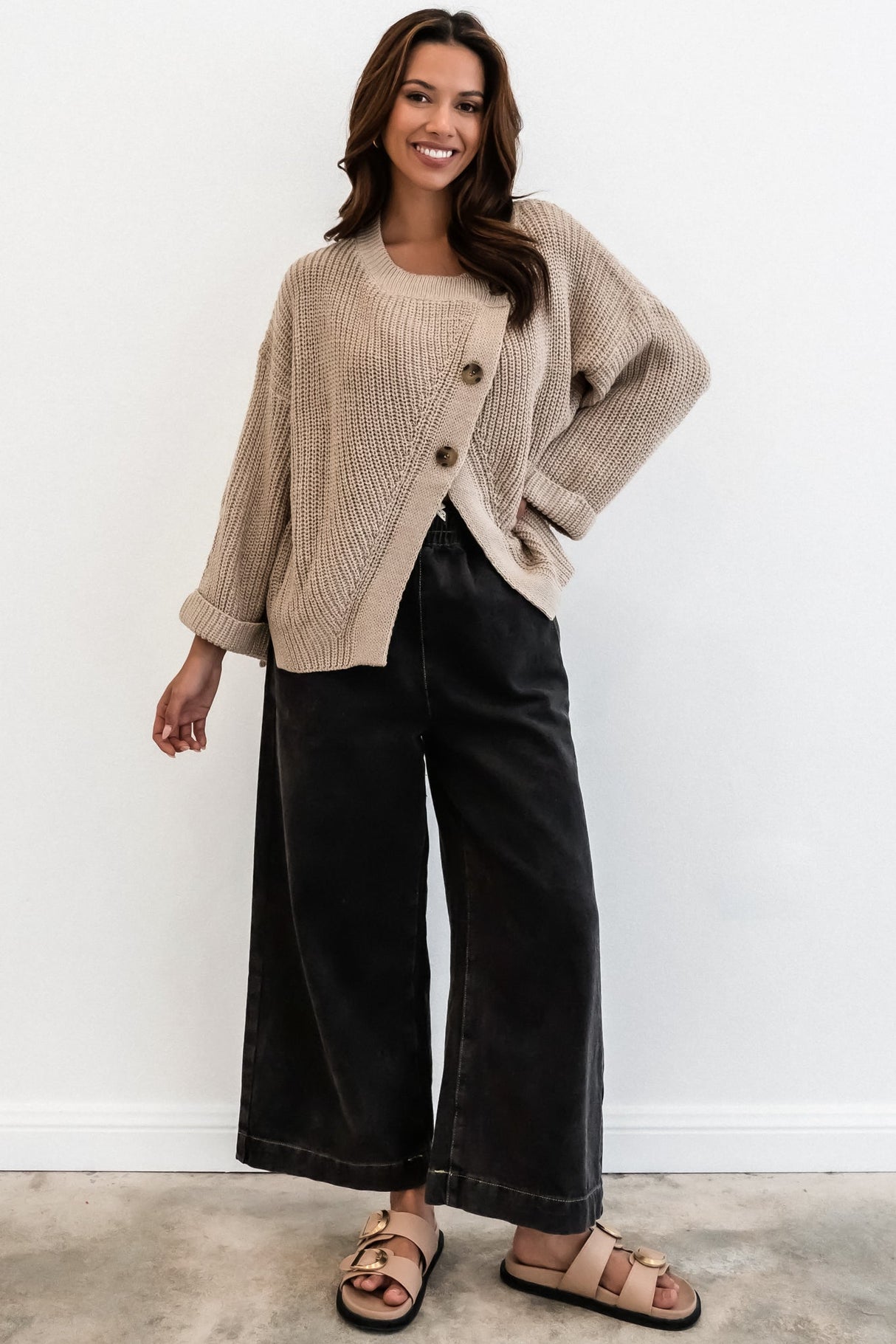 Casey Cardigan - Asymmetric Button Front Ribbed Cardigan in Oat