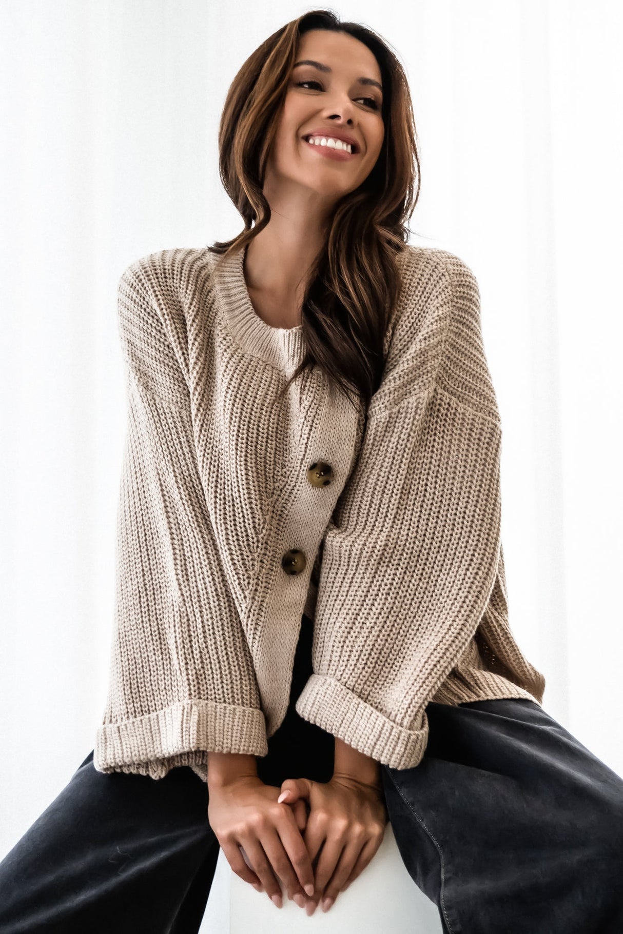 Casey Cardigan - Asymmetric Button Front Ribbed Cardigan in Oat