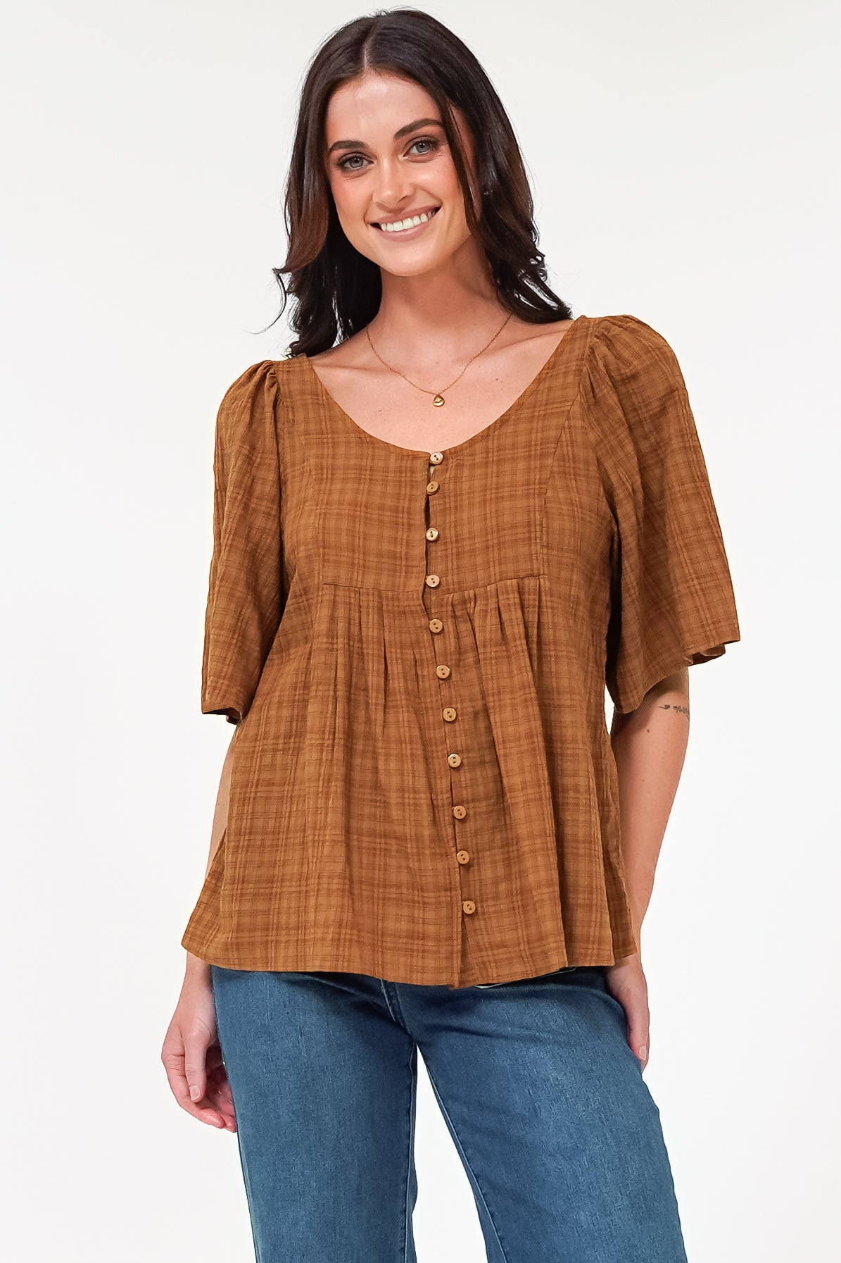 Casita Top - Scoop Neck Textured Babydoll Top with Flutter Sleeves in Tan