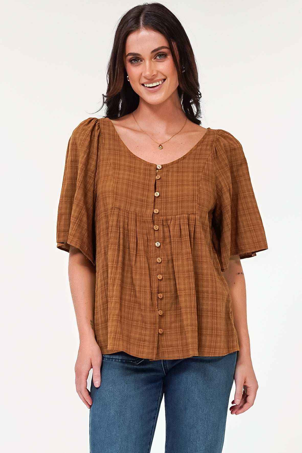 Casita Top - Scoop Neck Textured Babydoll Top with Flutter Sleeves in Tan