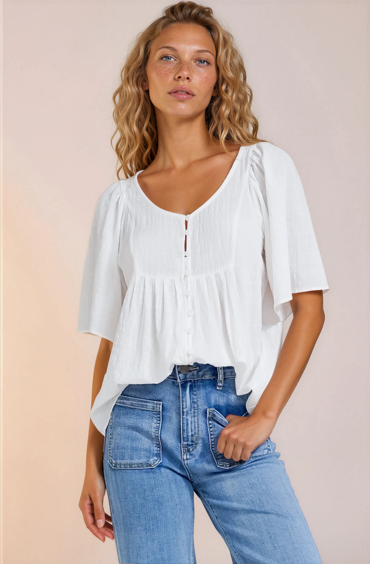Casita Top - Scoop Neck Textured Babydoll Top with Flutter Sleeves in White