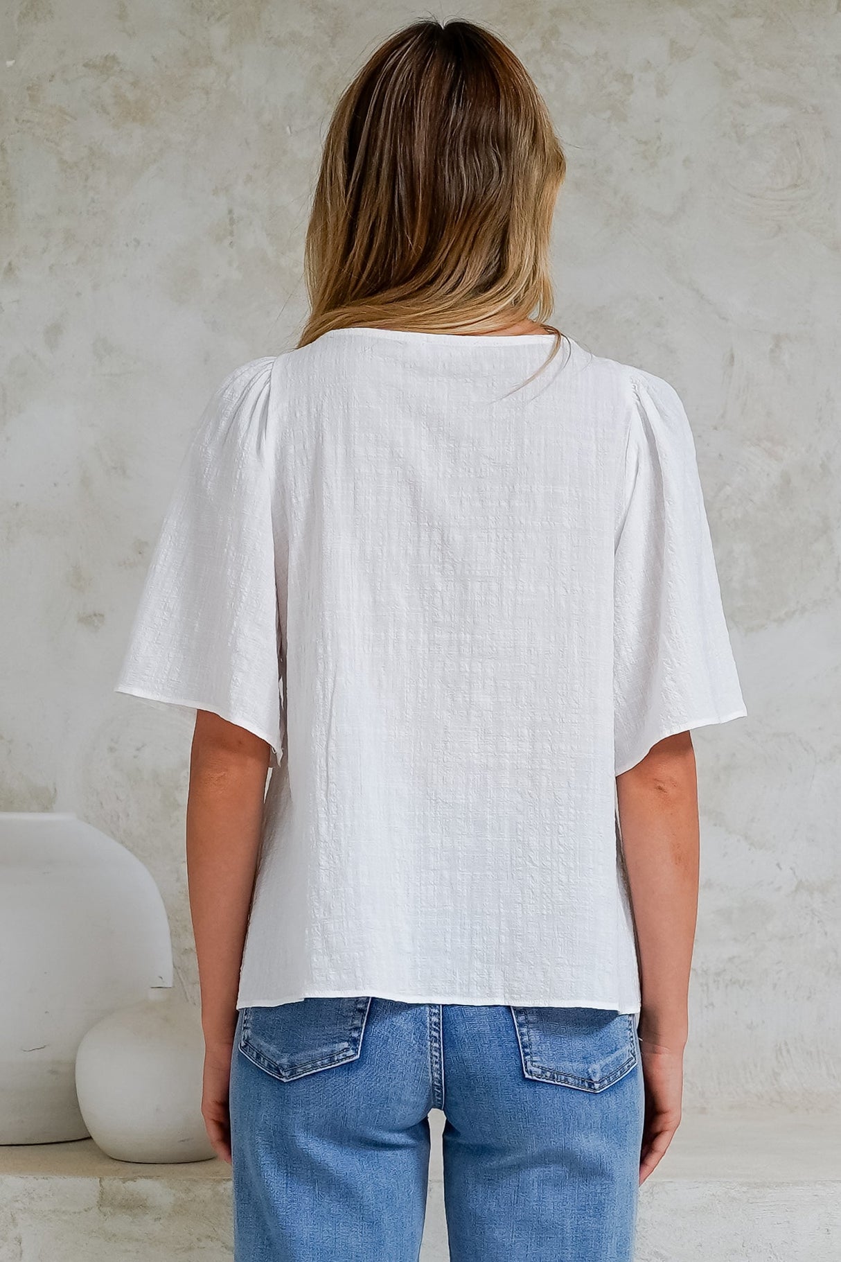 Casita Top - Scoop Neck Textured Babydoll Top with Flutter Sleeves in White