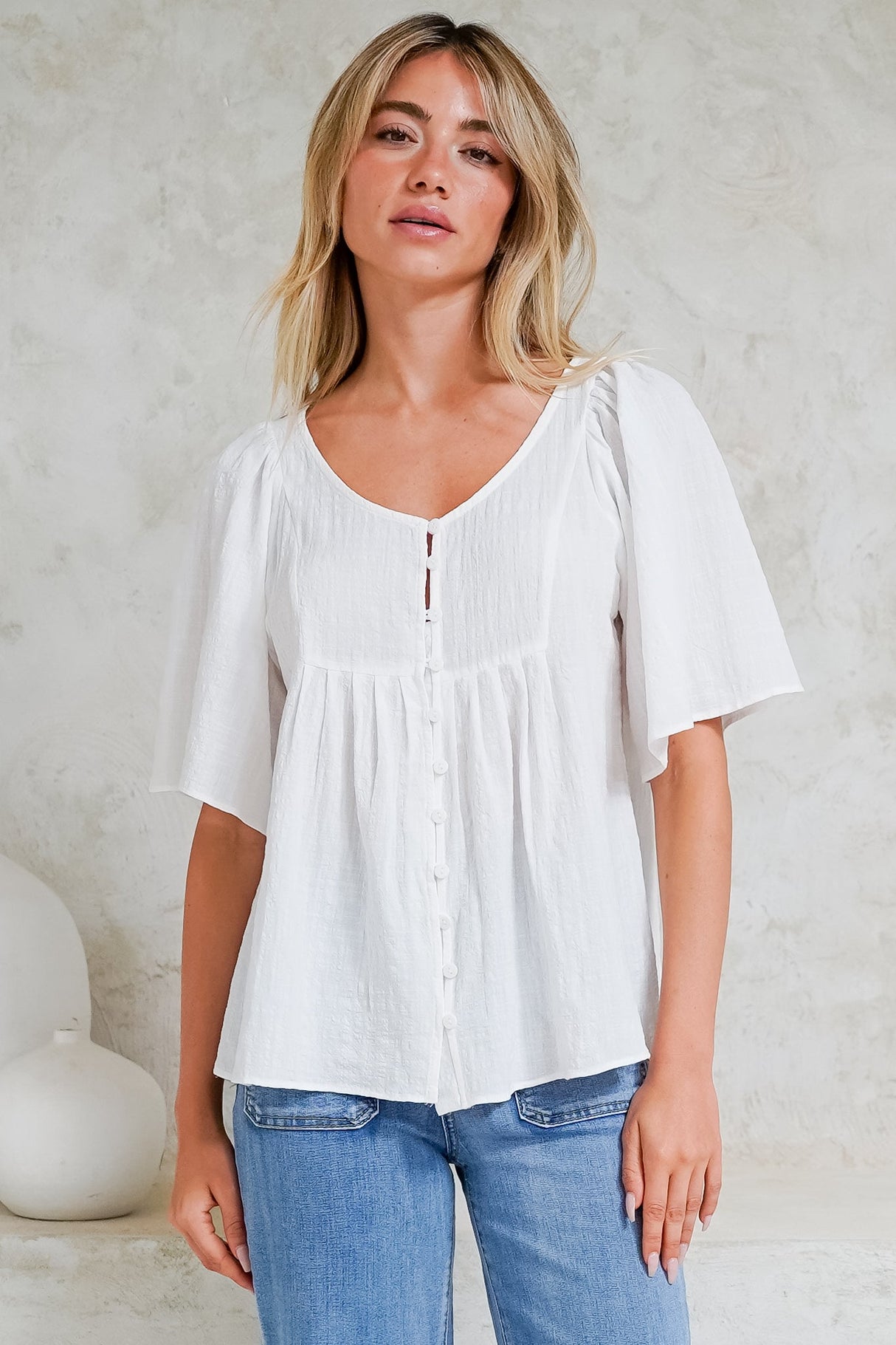 Casita Top - Scoop Neck Textured Babydoll Top with Flutter Sleeves in White