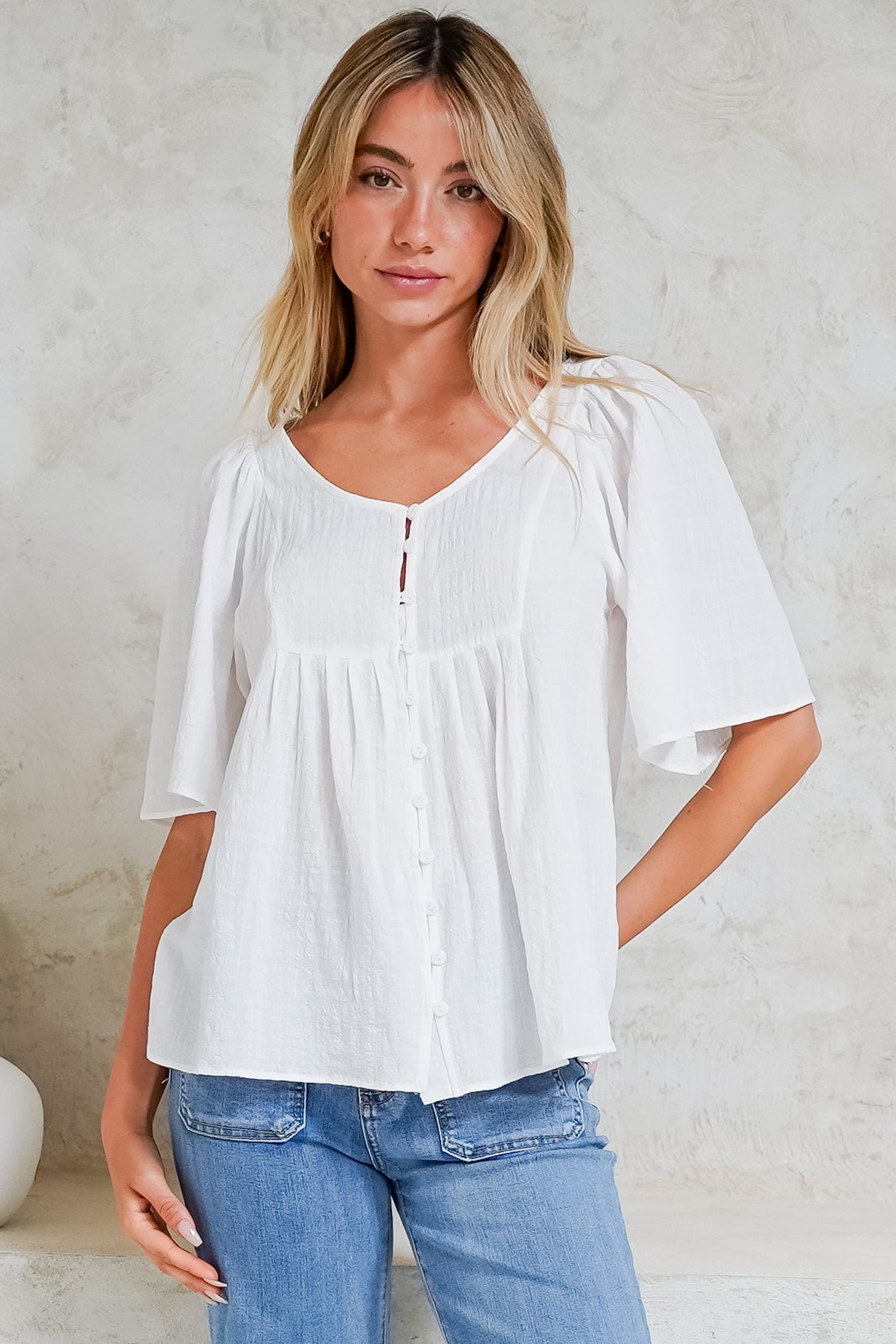 Casita Top - Scoop Neck Textured Babydoll Top with Flutter Sleeves in White