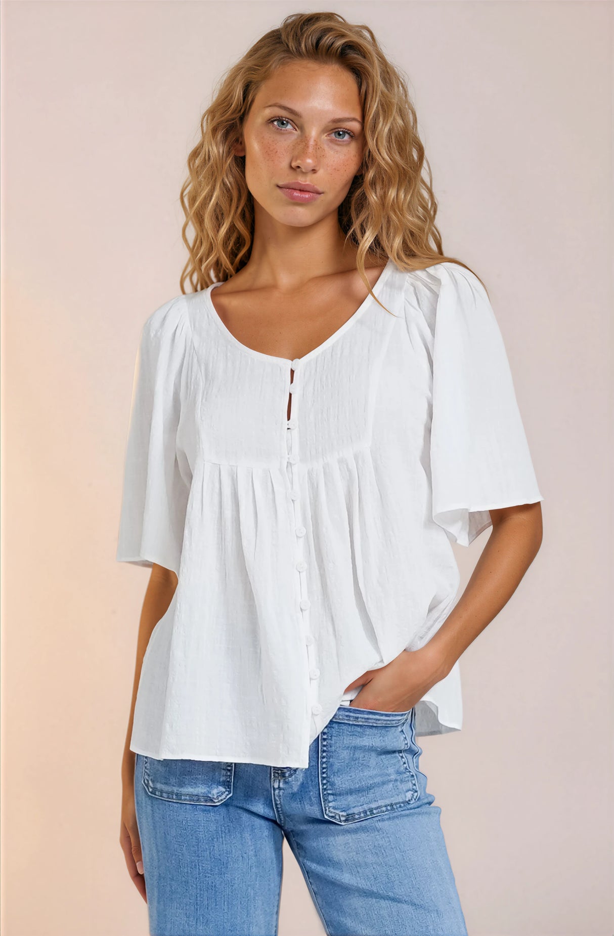 Casita Top - Scoop Neck Textured Babydoll Top with Flutter Sleeves in White