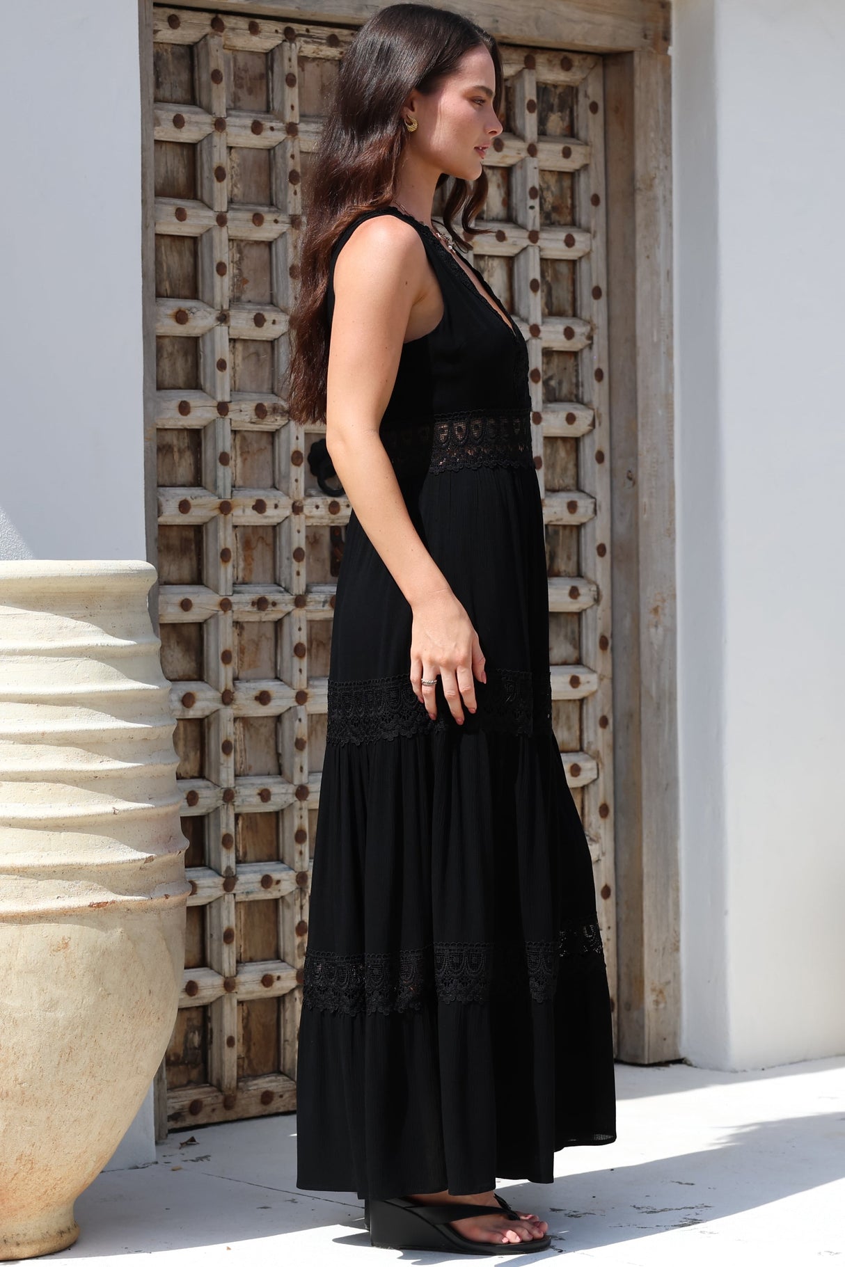 Cassia Maxi Dress - Lace Trim V-Neck Sleeveless with Lace Splicing Dress in Black