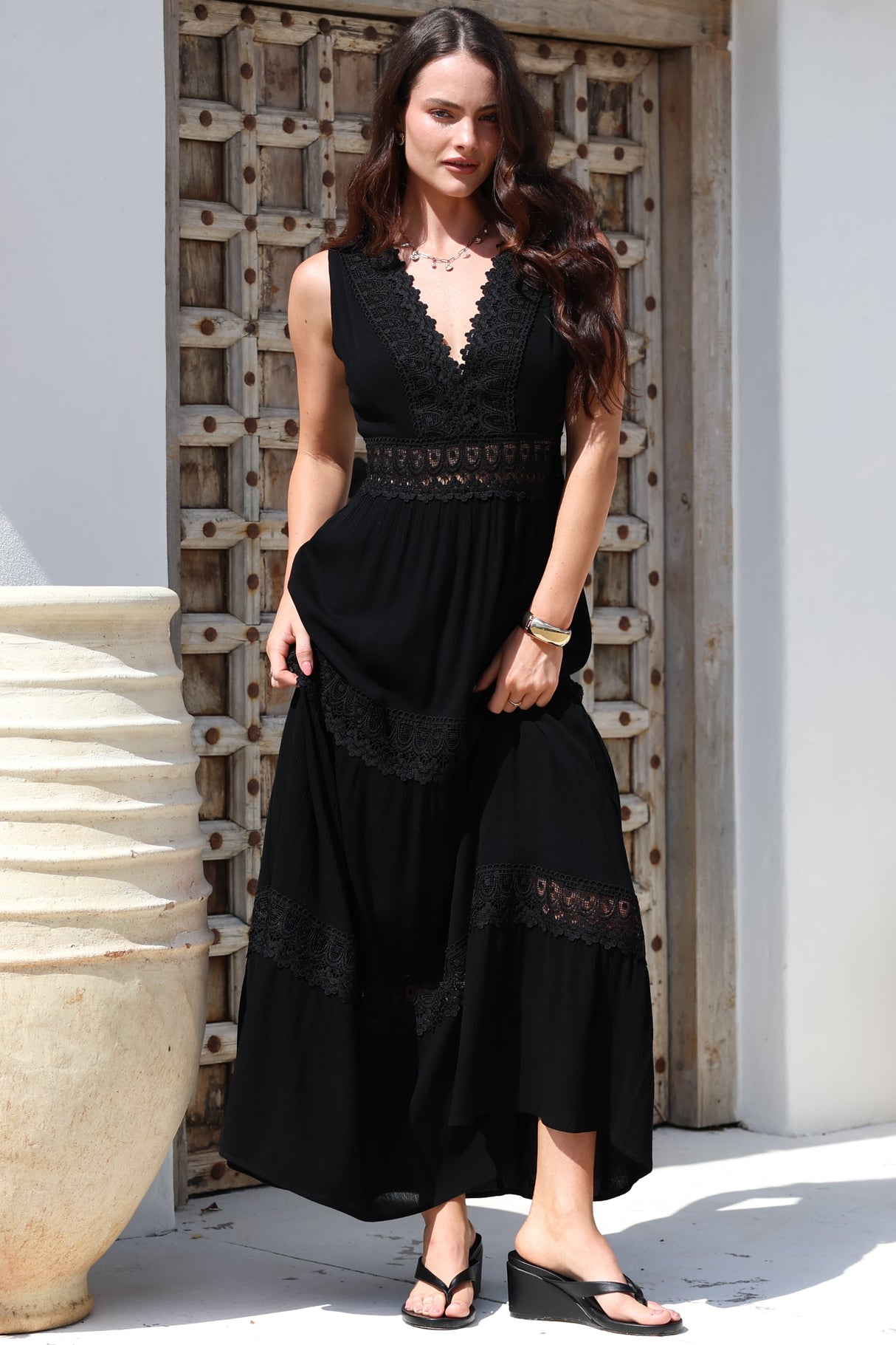 Cassia Maxi Dress - Lace Trim V-Neck Sleeveless with Lace Splicing Dress in Black