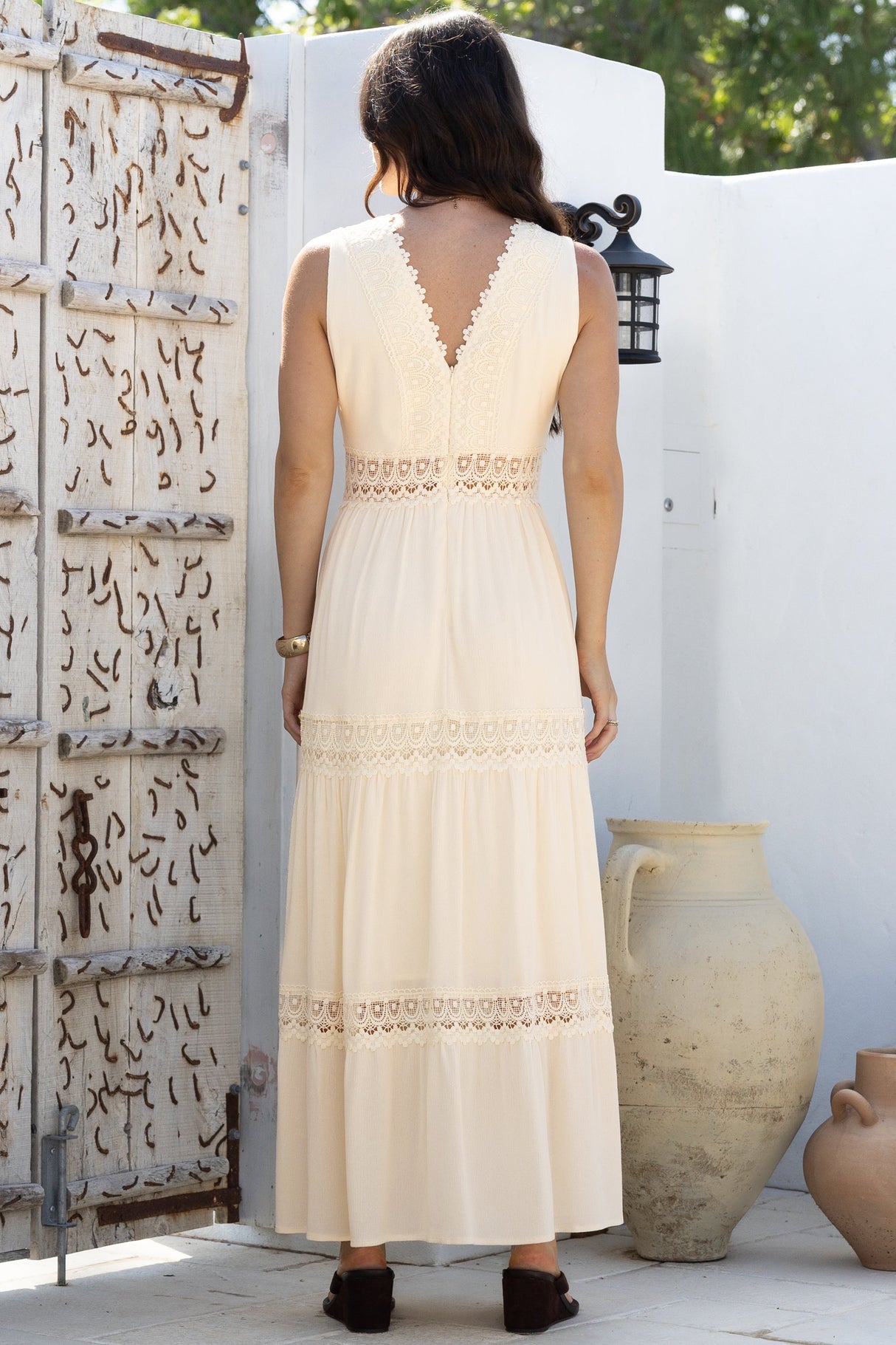 Cassia Maxi Dress - Lace Trim V-Neck Sleeveless with Lace Splicing Dress in Cream