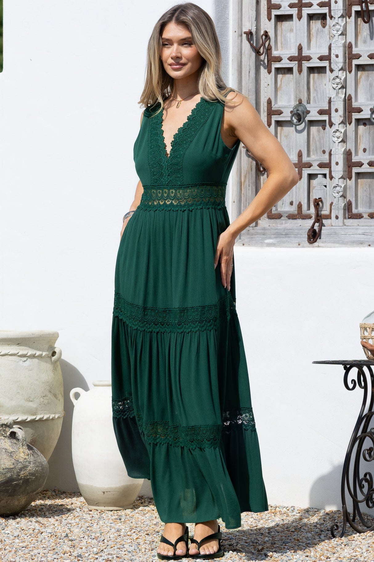 Cassia Maxi Dress - Lace Trim V-Neck Sleeveless with Lace Splicing Dress in Emerald