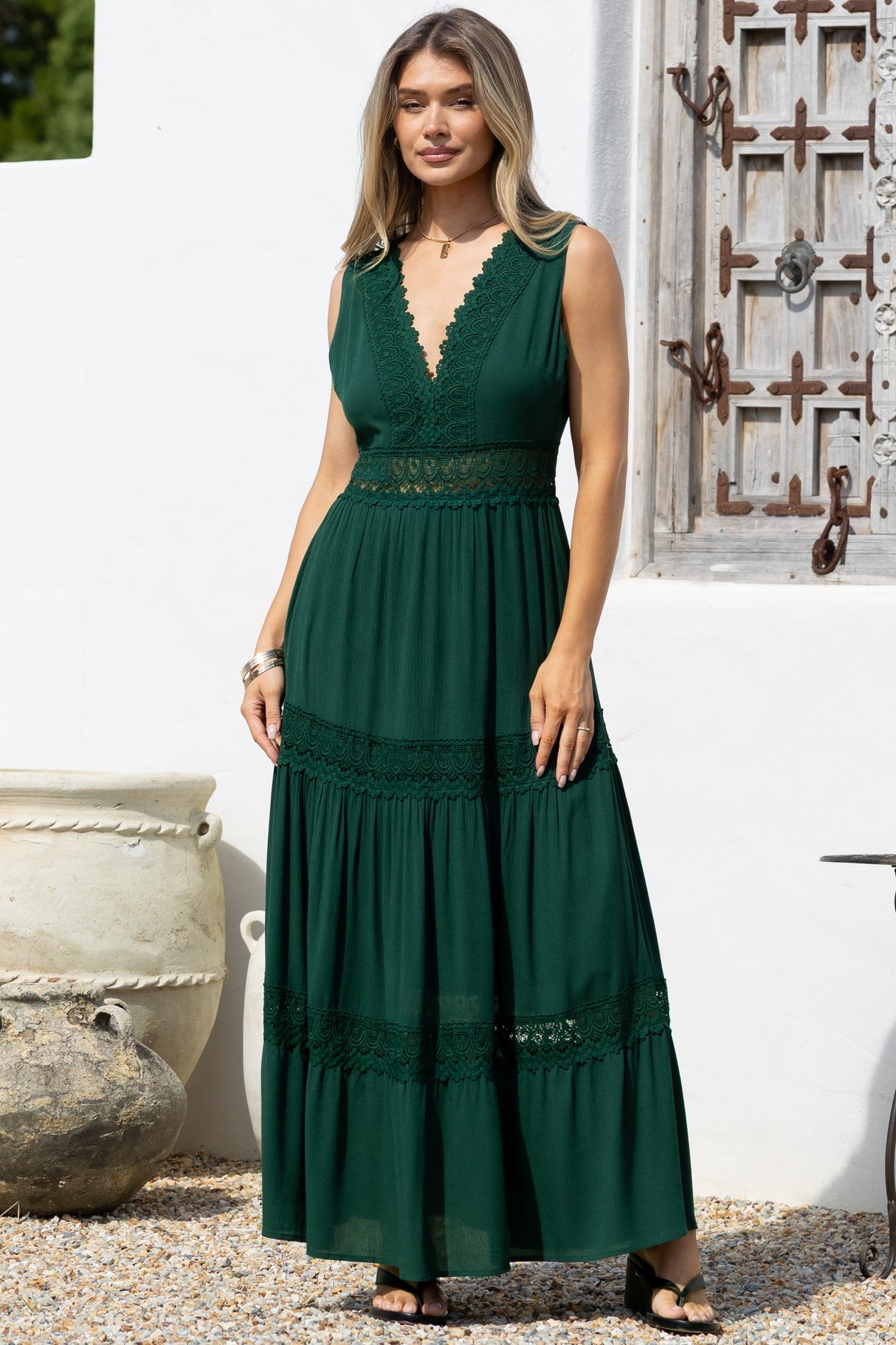 Cassia Maxi Dress - Lace Trim V-Neck Sleeveless with Lace Splicing Dress in Emerald