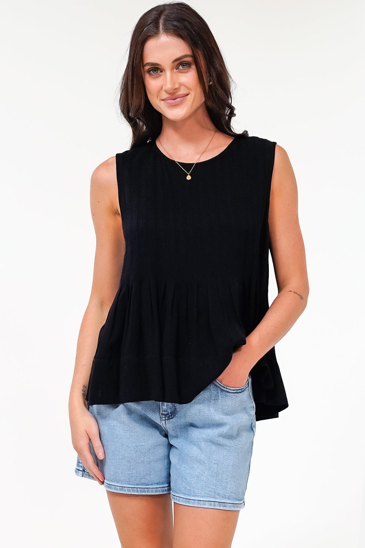 Cassidy Top - Crew Neck Sleeveless Swing Top with Pleats in Black
