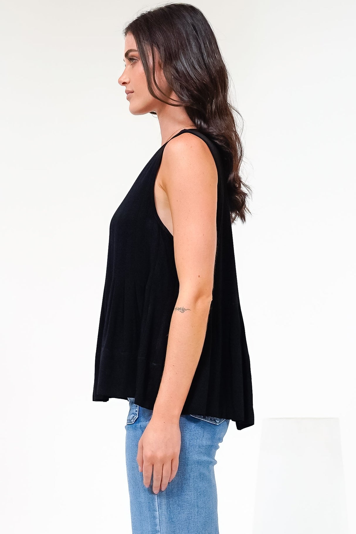 Cassidy Top - Crew Neck Sleeveless Swing Top with Pleats in Black