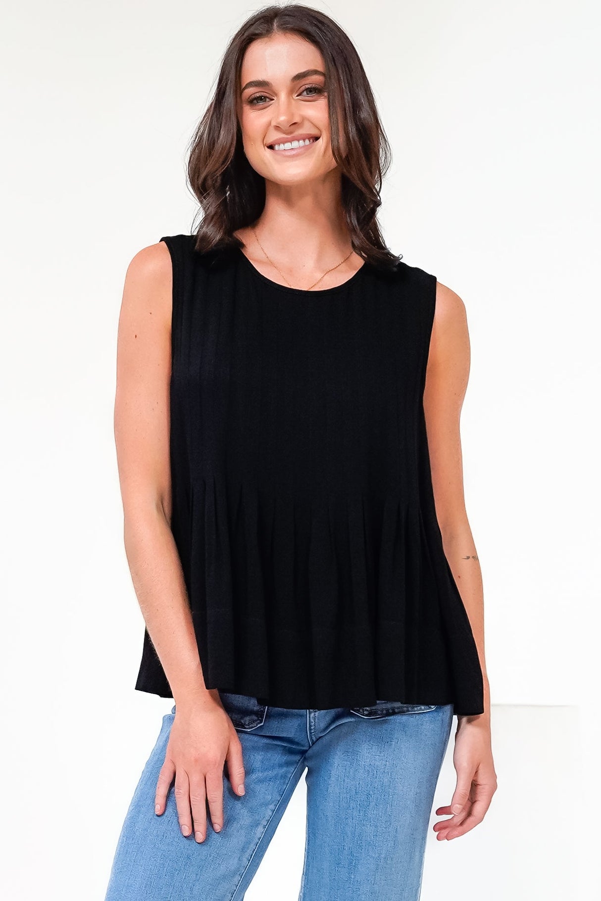 Cassidy Top - Crew Neck Sleeveless Swing Top with Pleats in Black