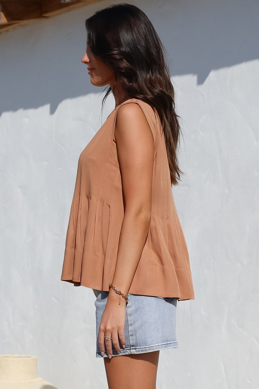 Cassidy Top - Crew Neck Sleeveless Swing Top with Pleats in Rust